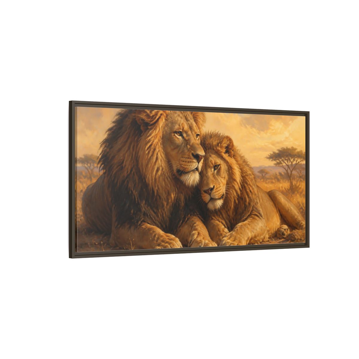 Side Mockup 4. Two Lions At Rest shown as framed canvas print