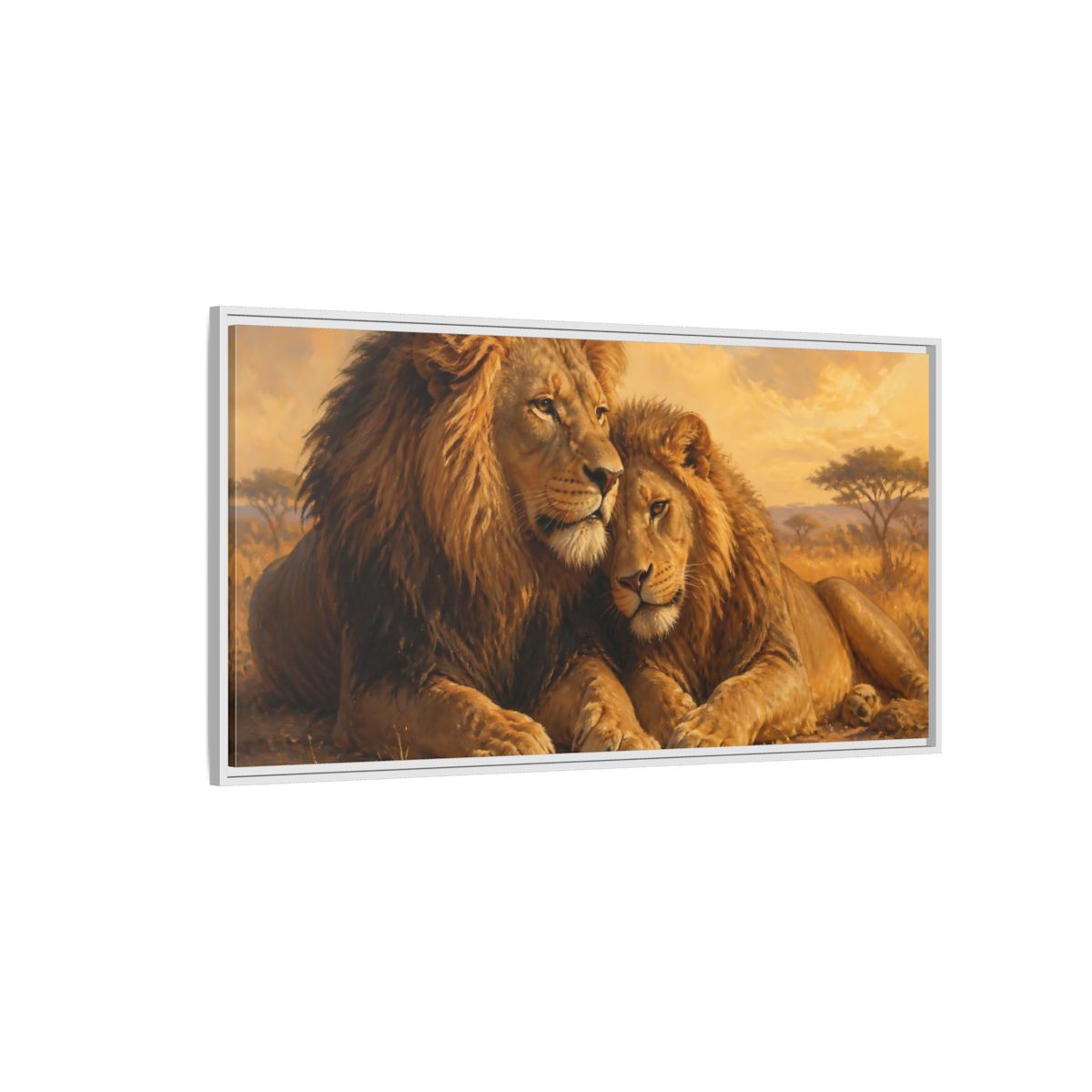Side Mockup 3. Two Lions At Rest shown as framed canvas print