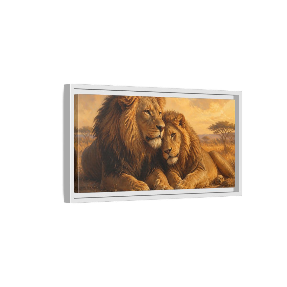 Side Mockup 6. Two Lions At Rest shown as framed canvas print