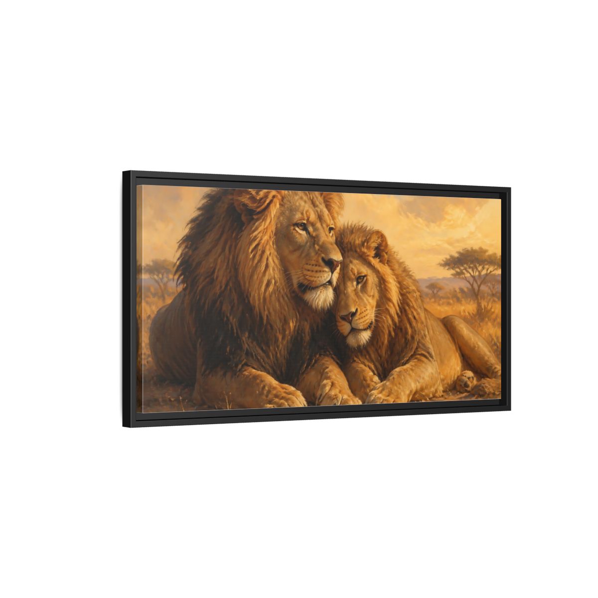 Side Mockup 2. Two Lions At Rest shown as framed canvas print