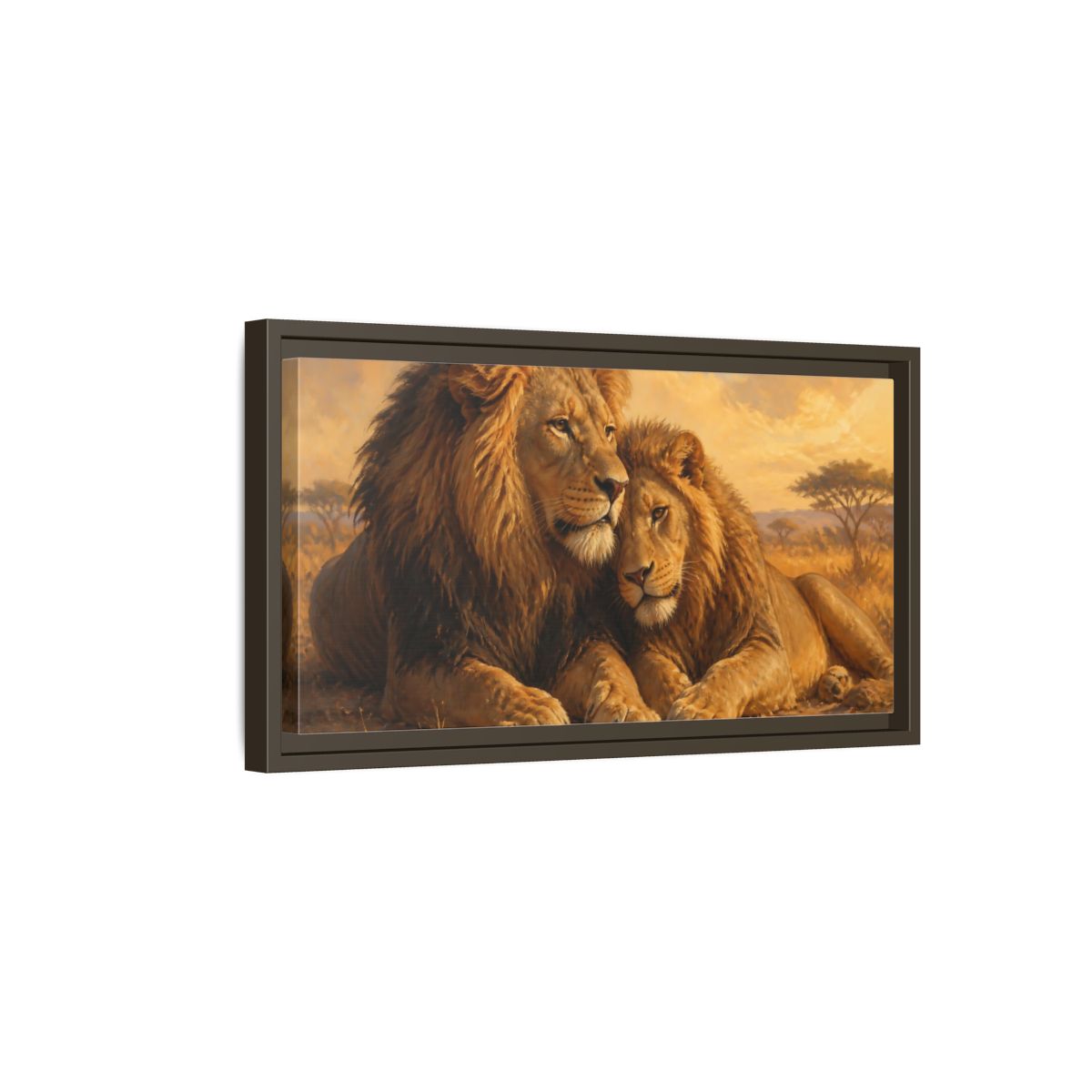 Side Mockup 7. Two Lions At Rest shown as framed canvas print