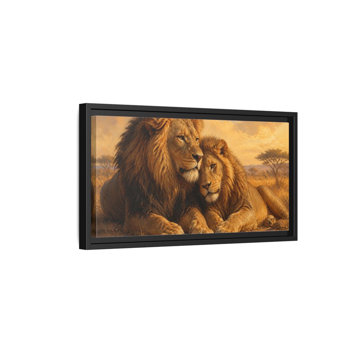 Side Mockup 8. Two Lions At Rest shown as framed canvas print