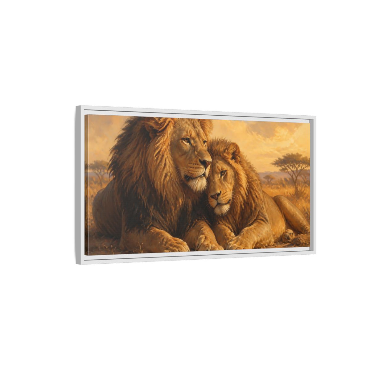 Side Mockup 1. Two Lions At Rest shown as framed canvas print