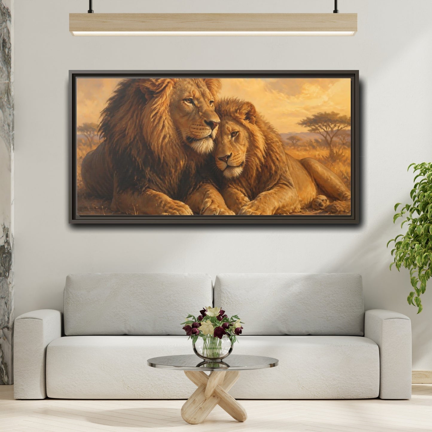 Mockup 2. Two Lions At Rest shown as framed canvas print