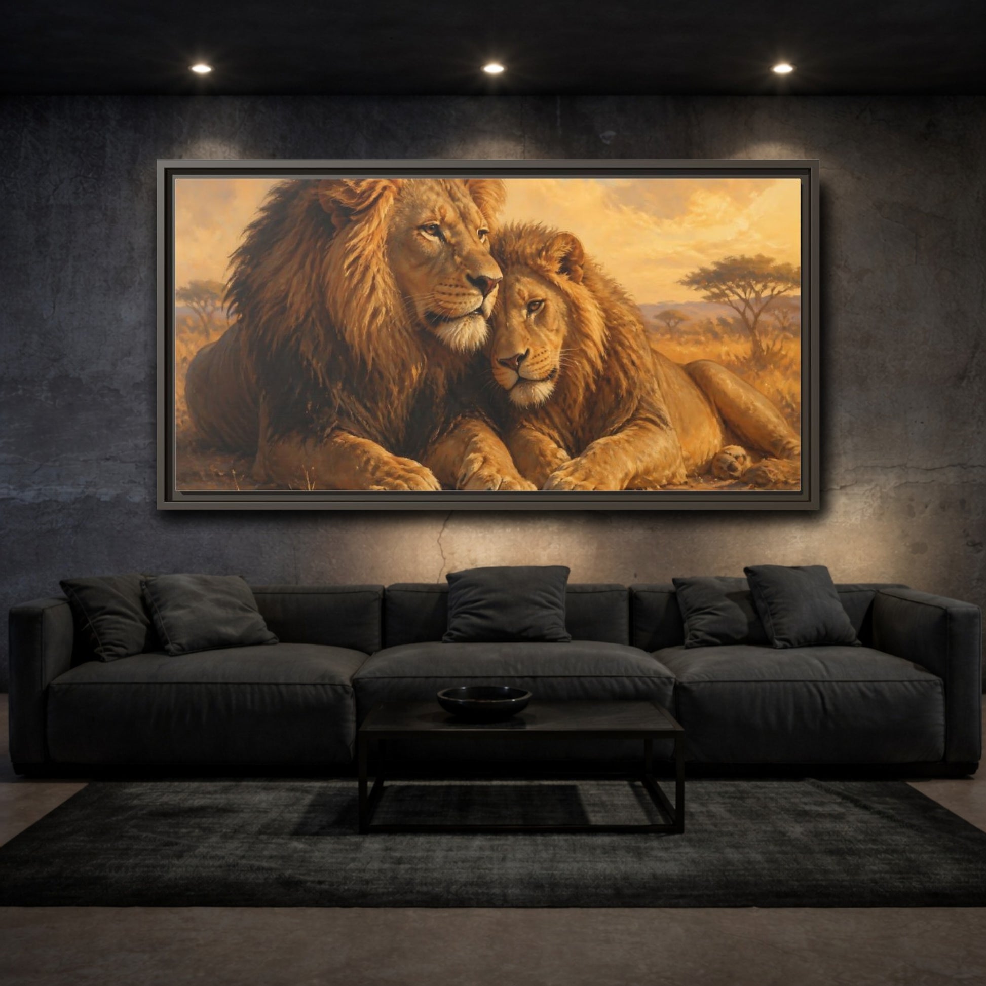 Mockup 3. Two Lions At Rest shown as framed canvas print