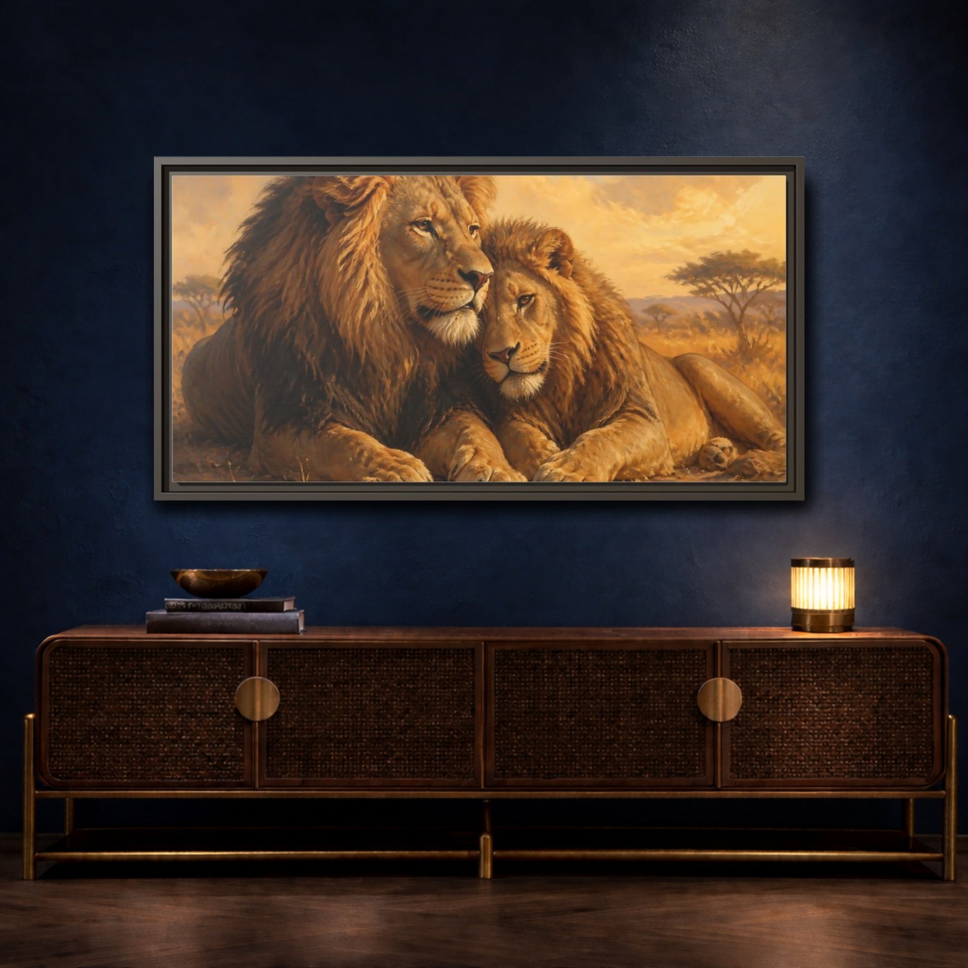 Mockup 4. Two Lions At Rest shown as framed canvas print