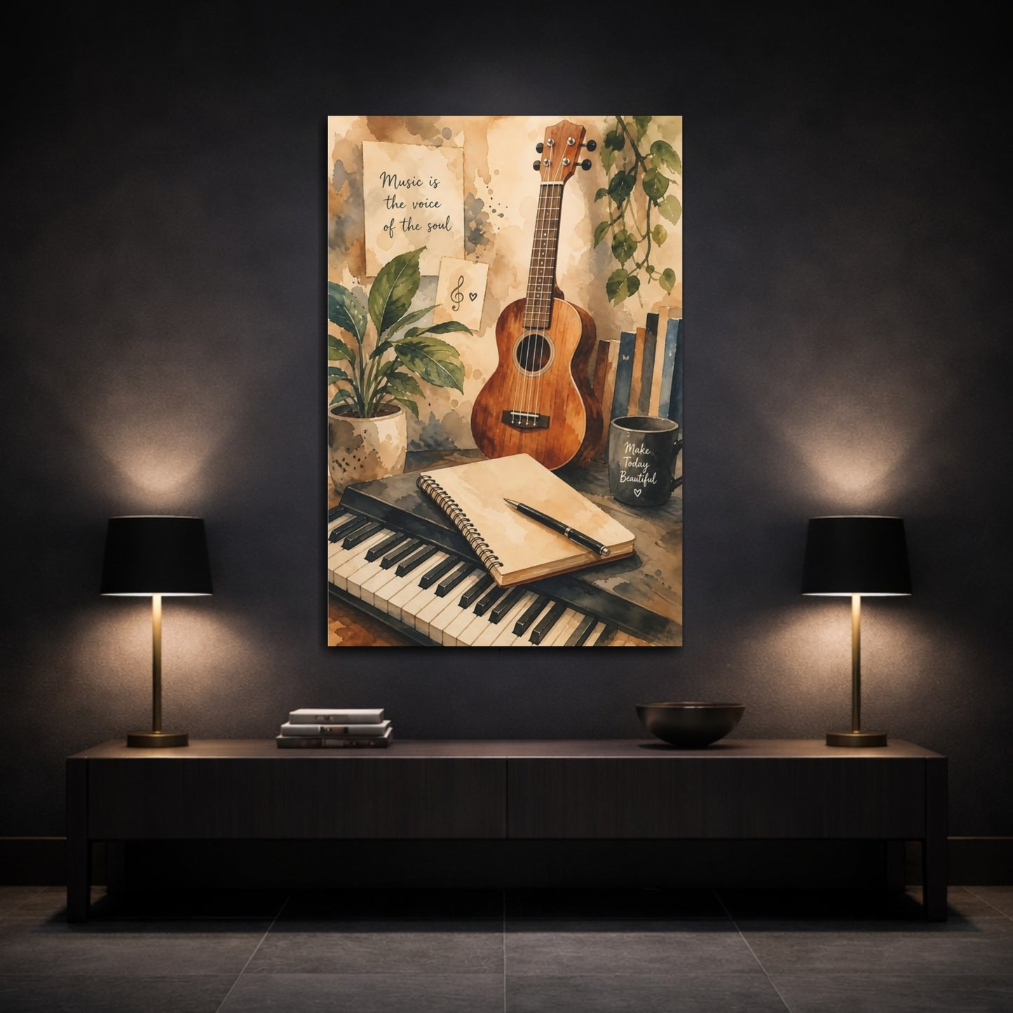 Mockup 3. Ukulele & Piano Corner shown as canvas print