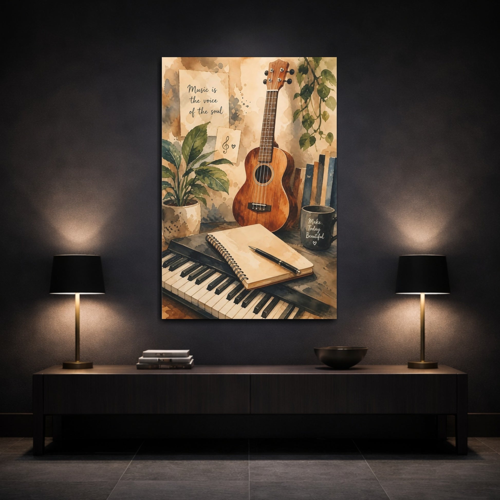 Mockup 3. Ukulele & Piano Corner shown as canvas print