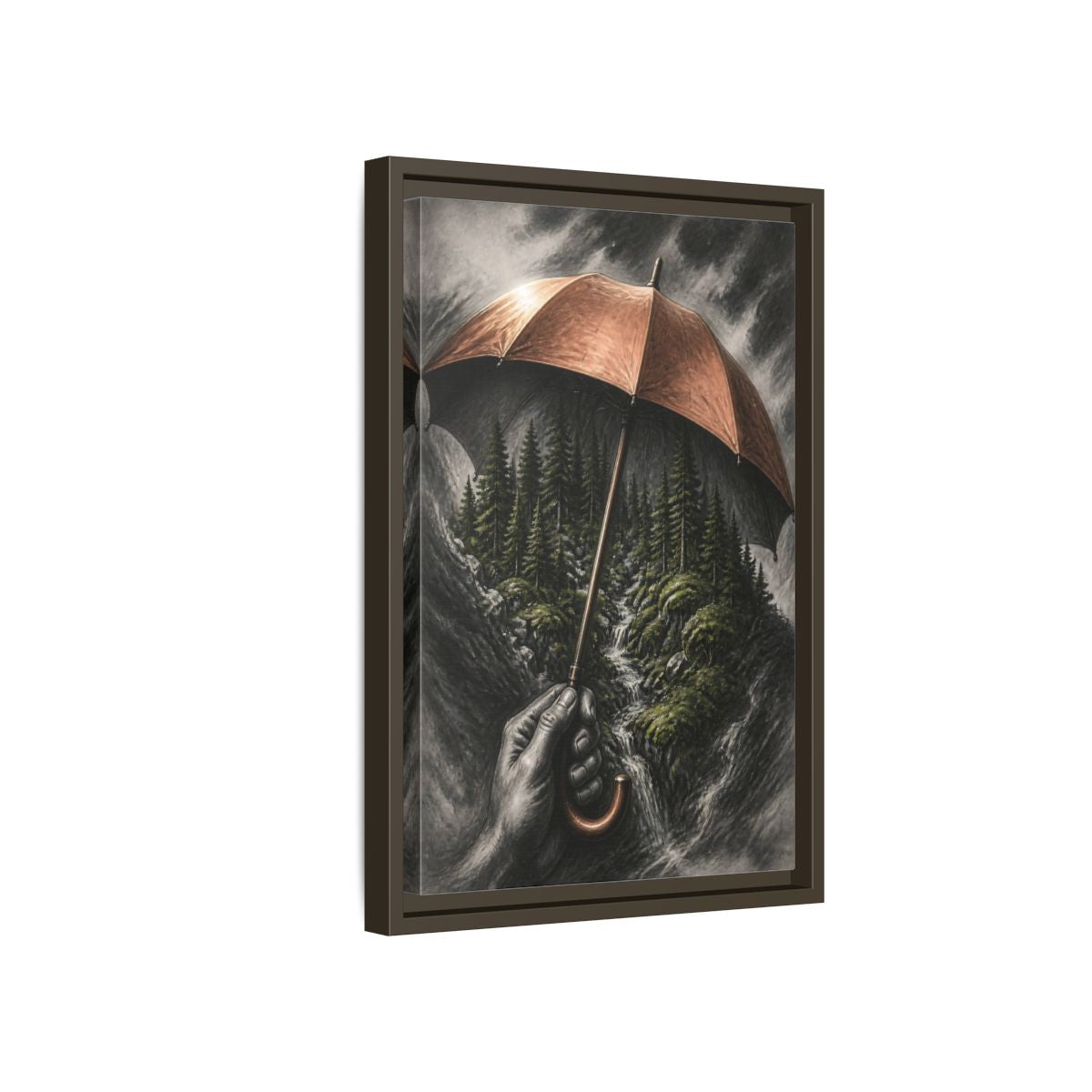 Side Mockup 5. Umbrella Forest Illusion shown as framed canvas print