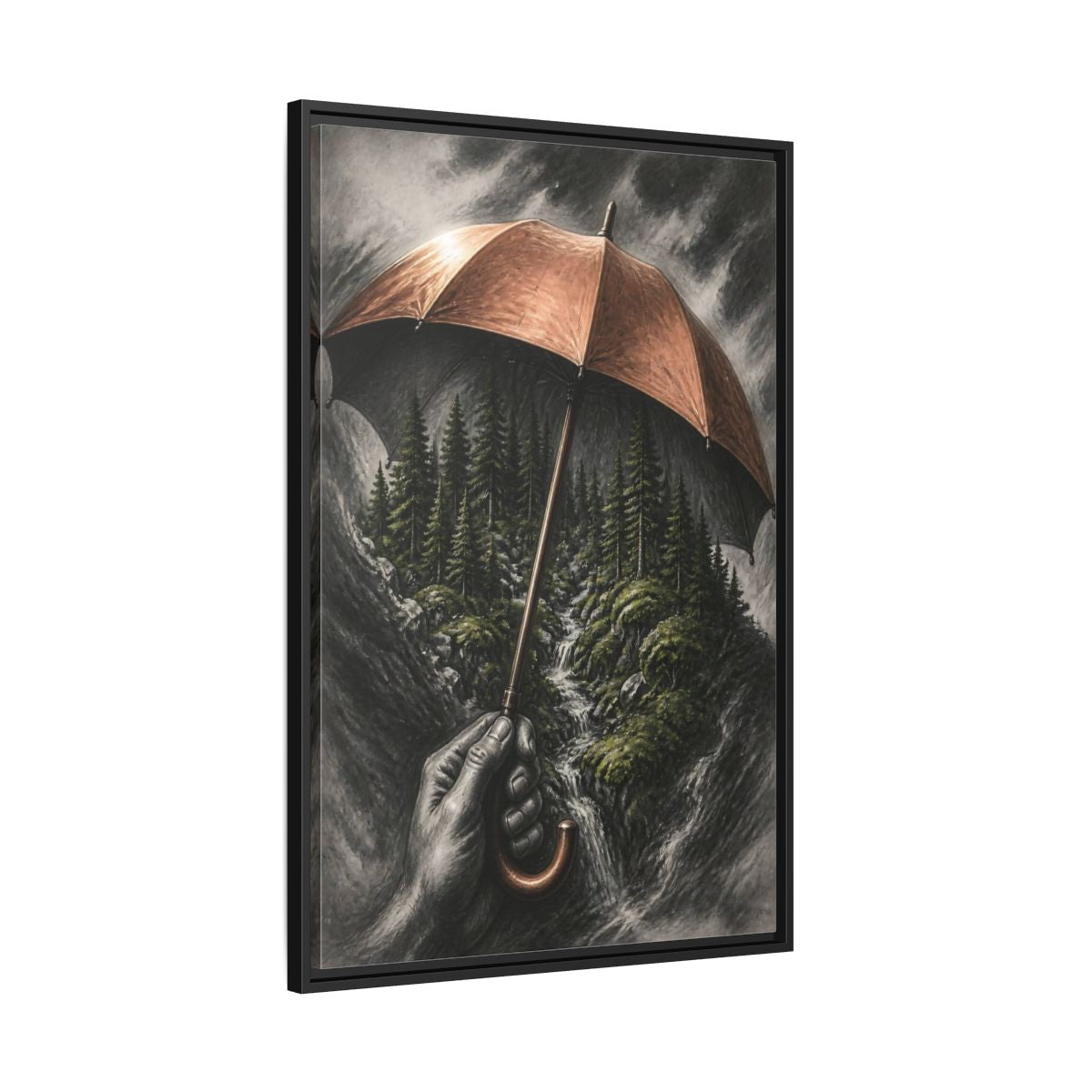Side Mockup 13. Umbrella Forest Illusion shown as framed canvas print