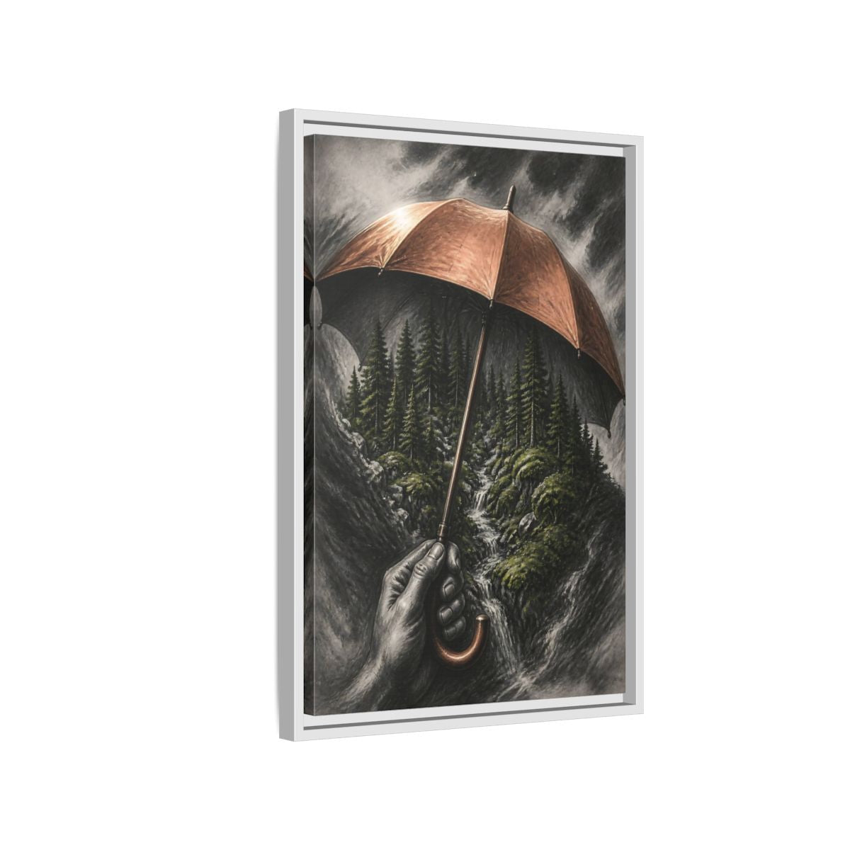 Side Mockup 1. Umbrella Forest Illusion shown as framed canvas print