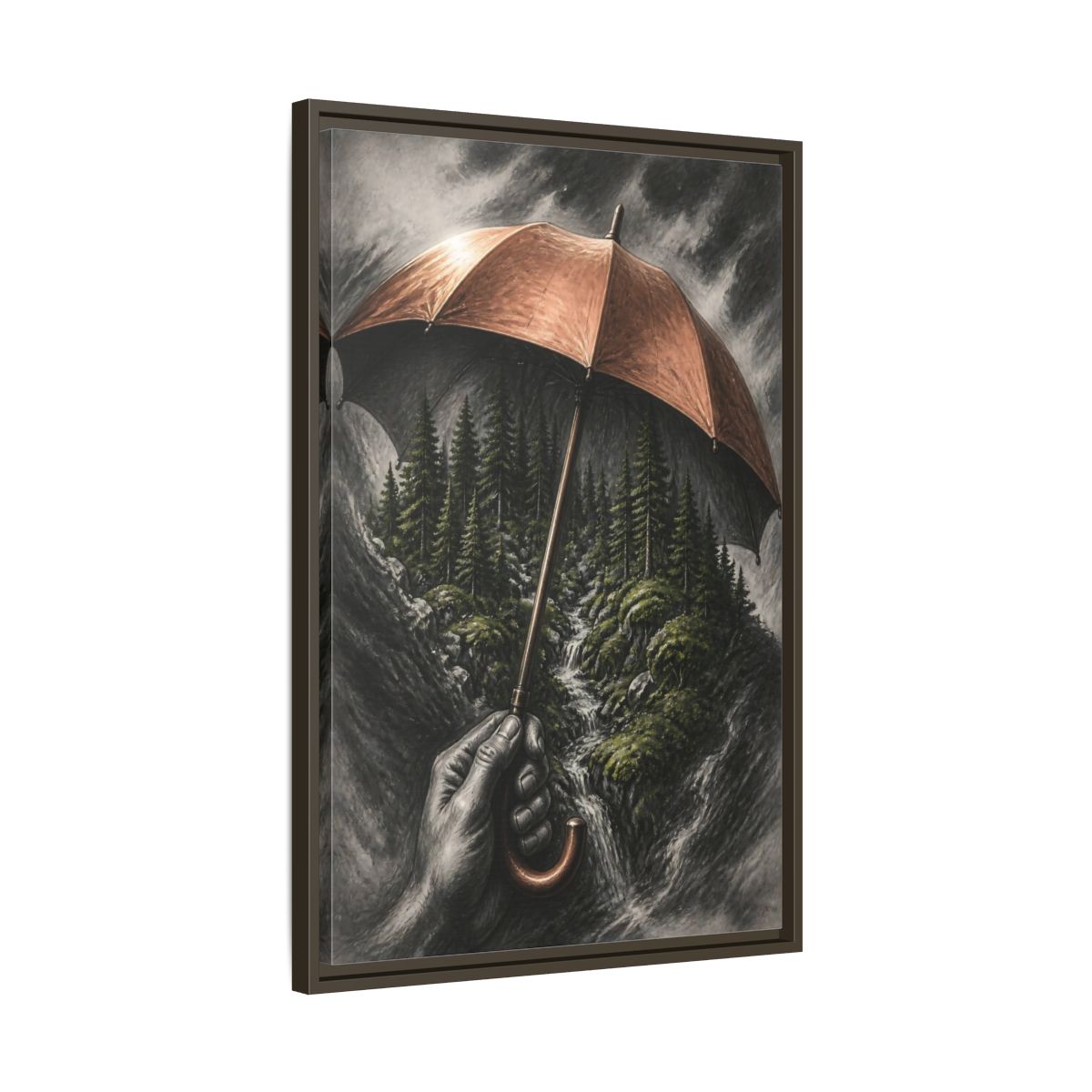 Side Mockup 11. Umbrella Forest Illusion shown as framed canvas print