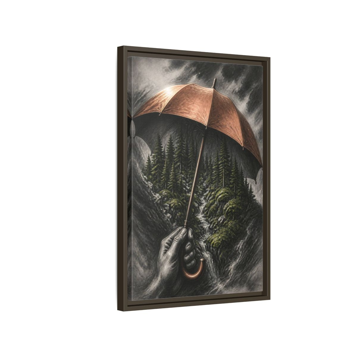 Side Mockup 2. Umbrella Forest Illusion shown as framed canvas print