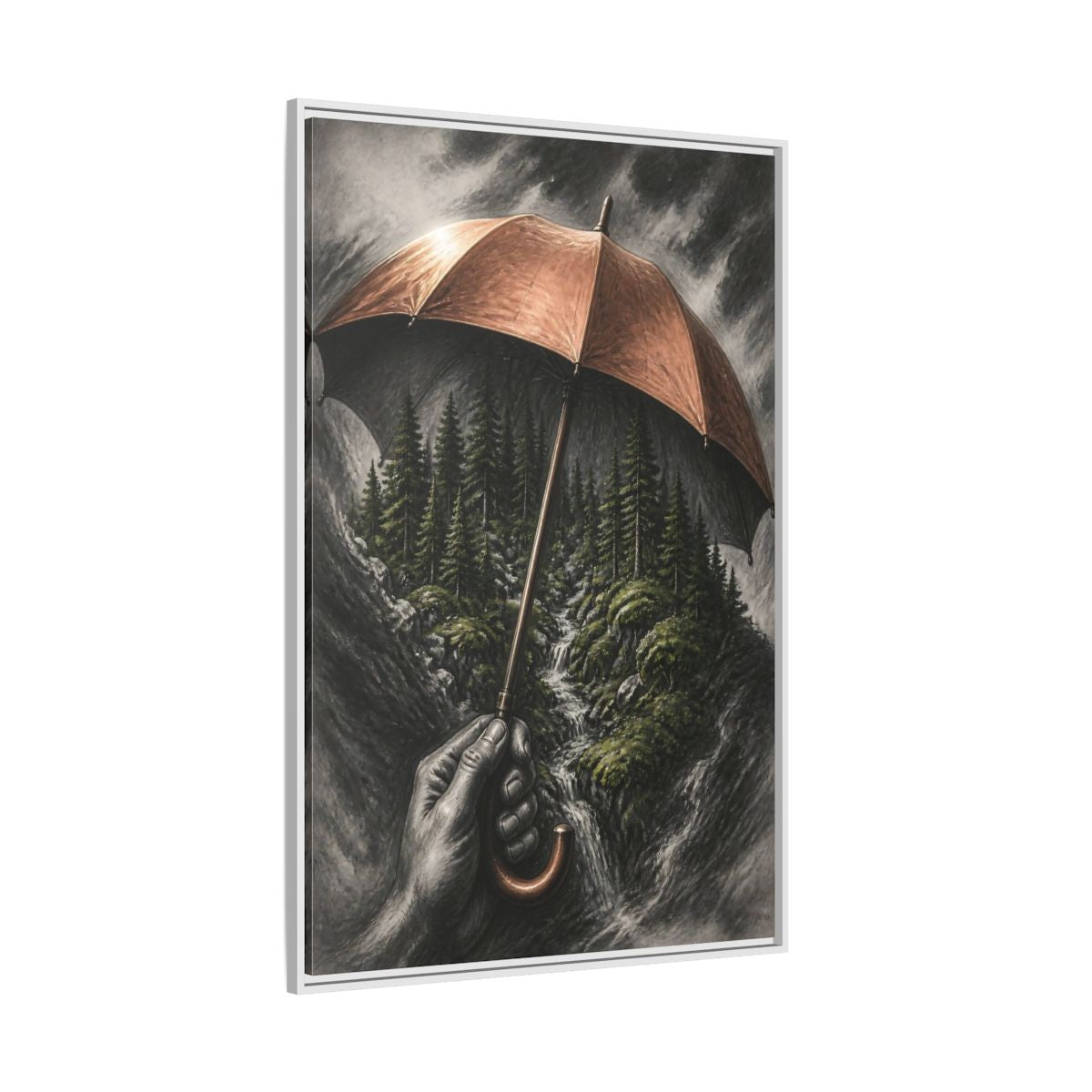 Side Mockup 7. Umbrella Forest Illusion shown as framed canvas print