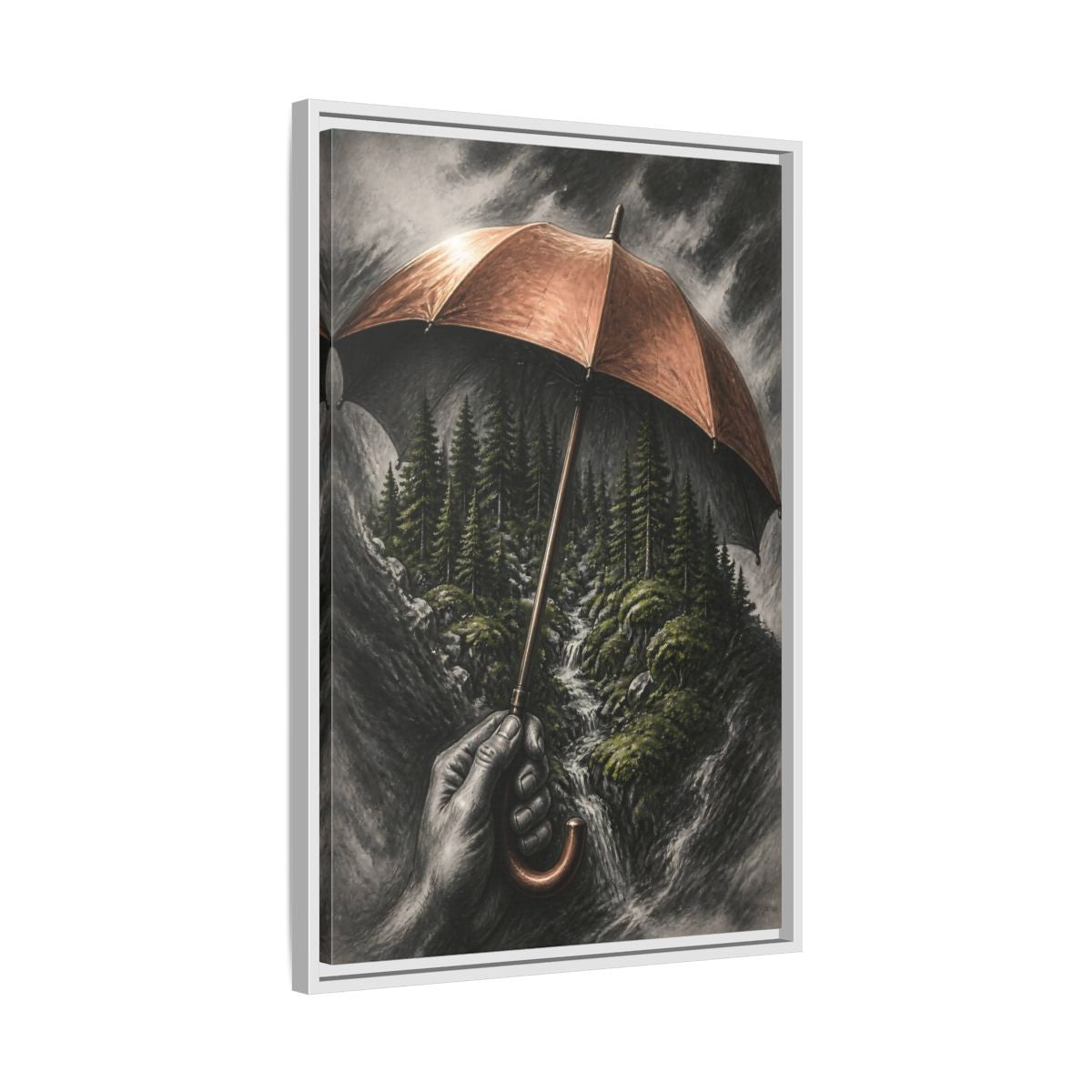 Side Mockup 10. Umbrella Forest Illusion shown as framed canvas print