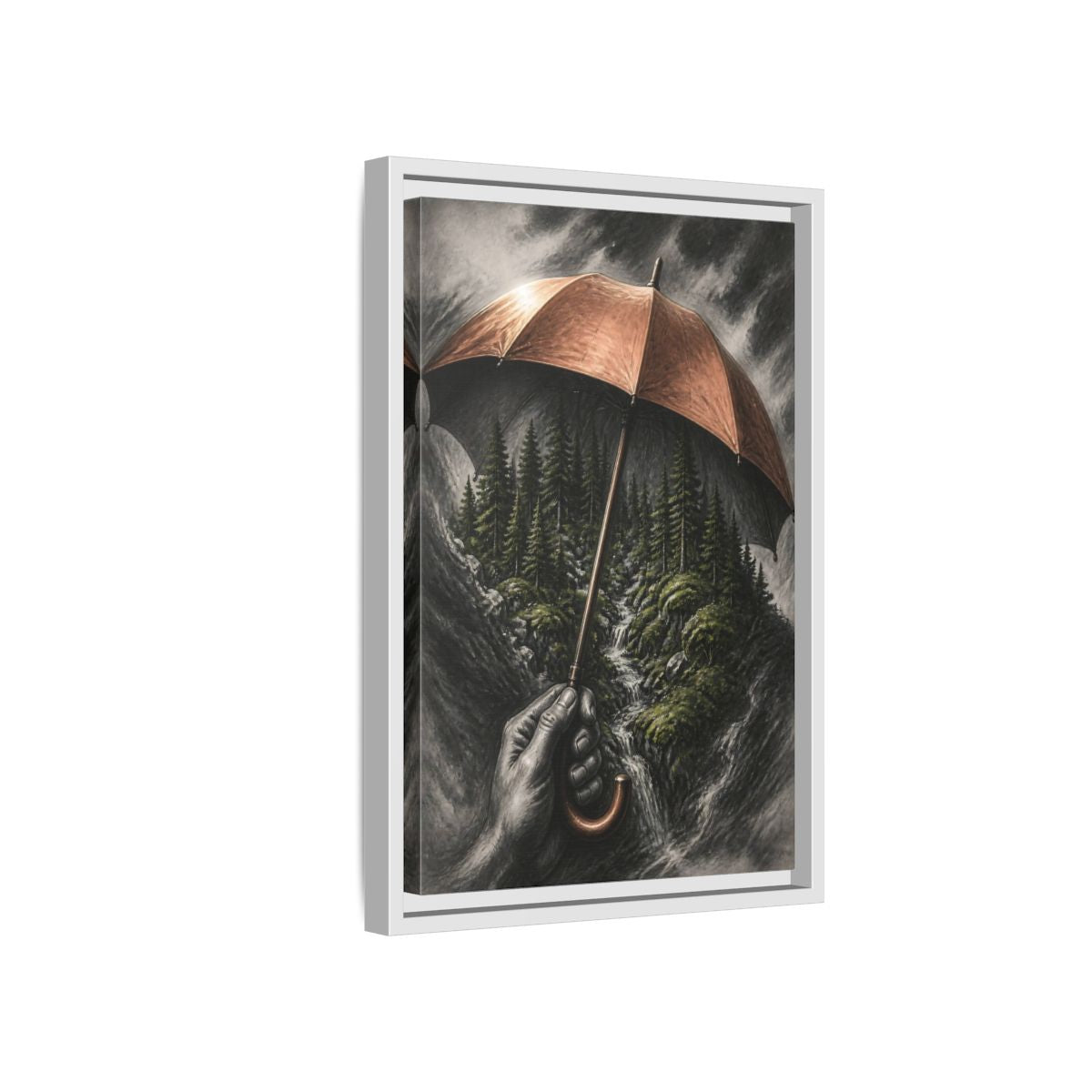 Side Mockup 4. Umbrella Forest Illusion shown as framed canvas print