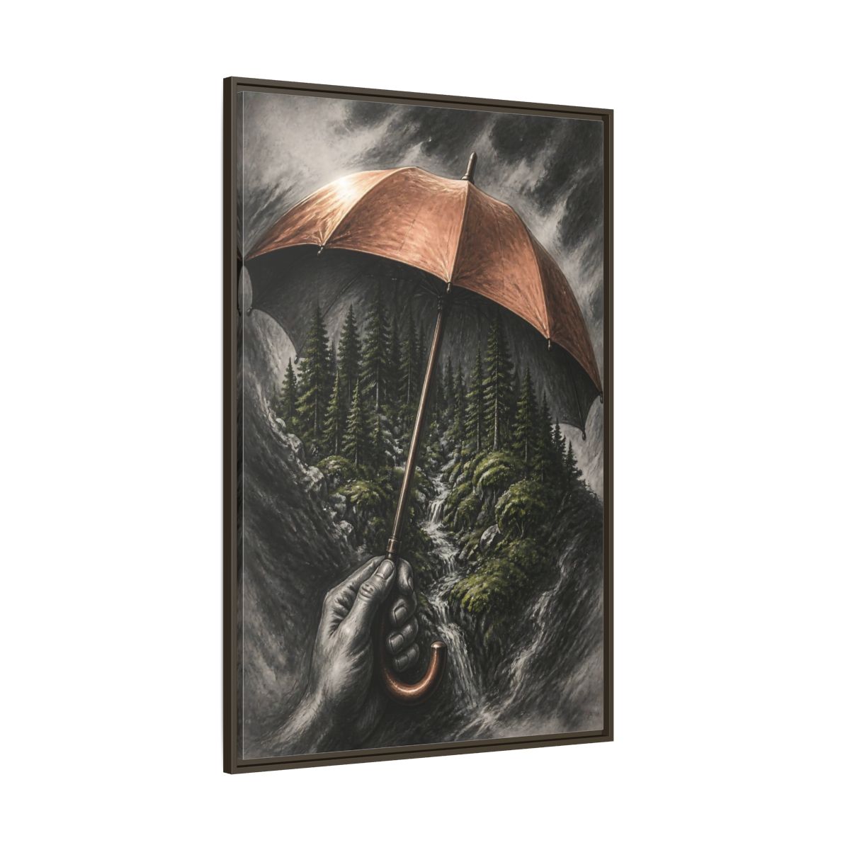 Side Mockup 8. Umbrella Forest Illusion shown as framed canvas print