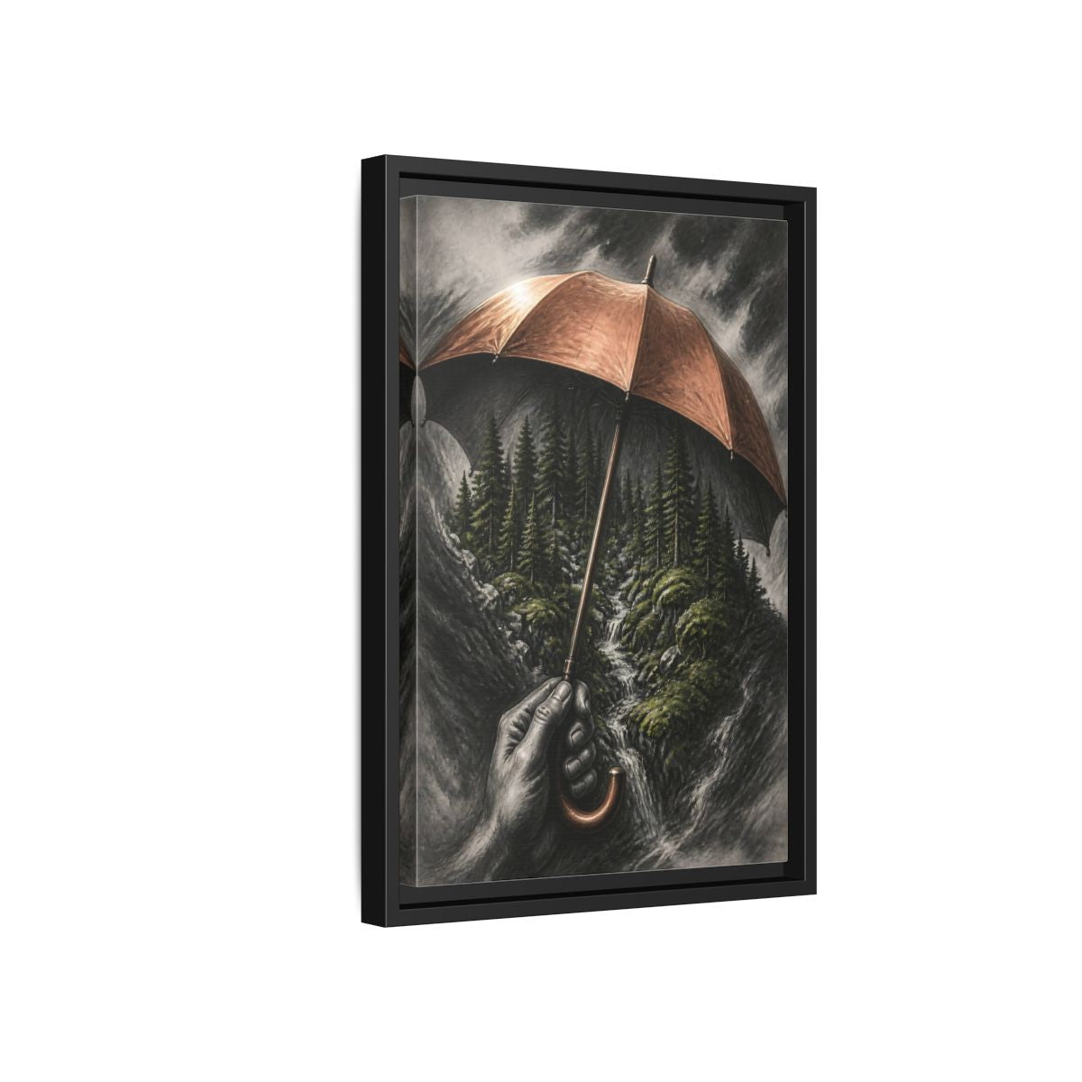 Side Mockup 6. Umbrella Forest Illusion shown as framed canvas print