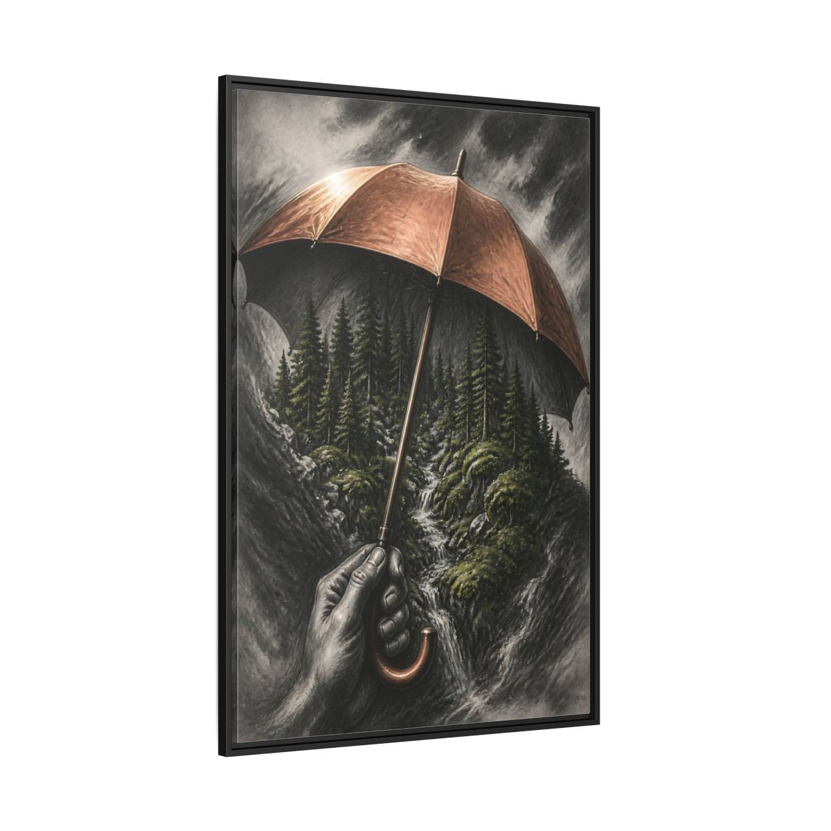 Side Mockup 12. Umbrella Forest Illusion shown as framed canvas print