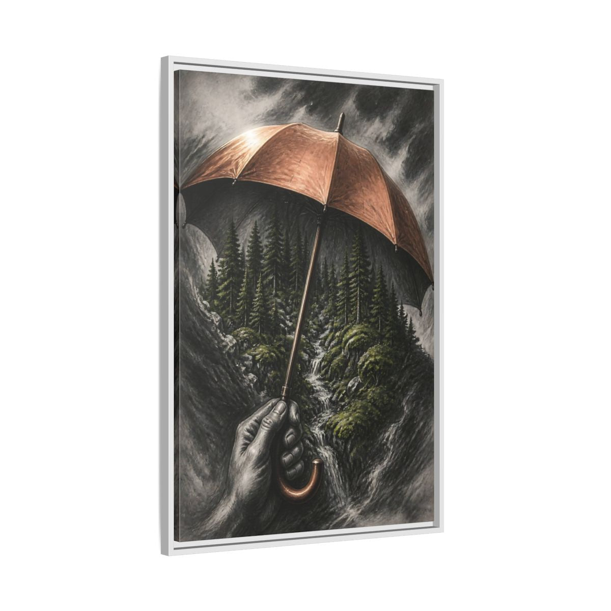 Side Mockup 9. Umbrella Forest Illusion shown as framed canvas print