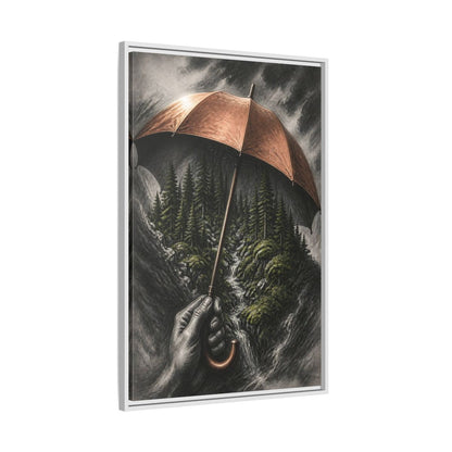 Side Mockup 9. Umbrella Forest Illusion shown as framed canvas print
