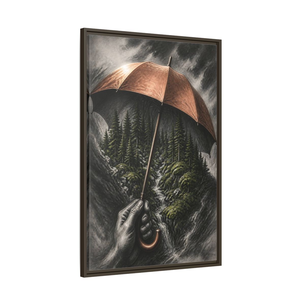 Main Mockup. Umbrella Forest Illusion shown as framed canvas print
