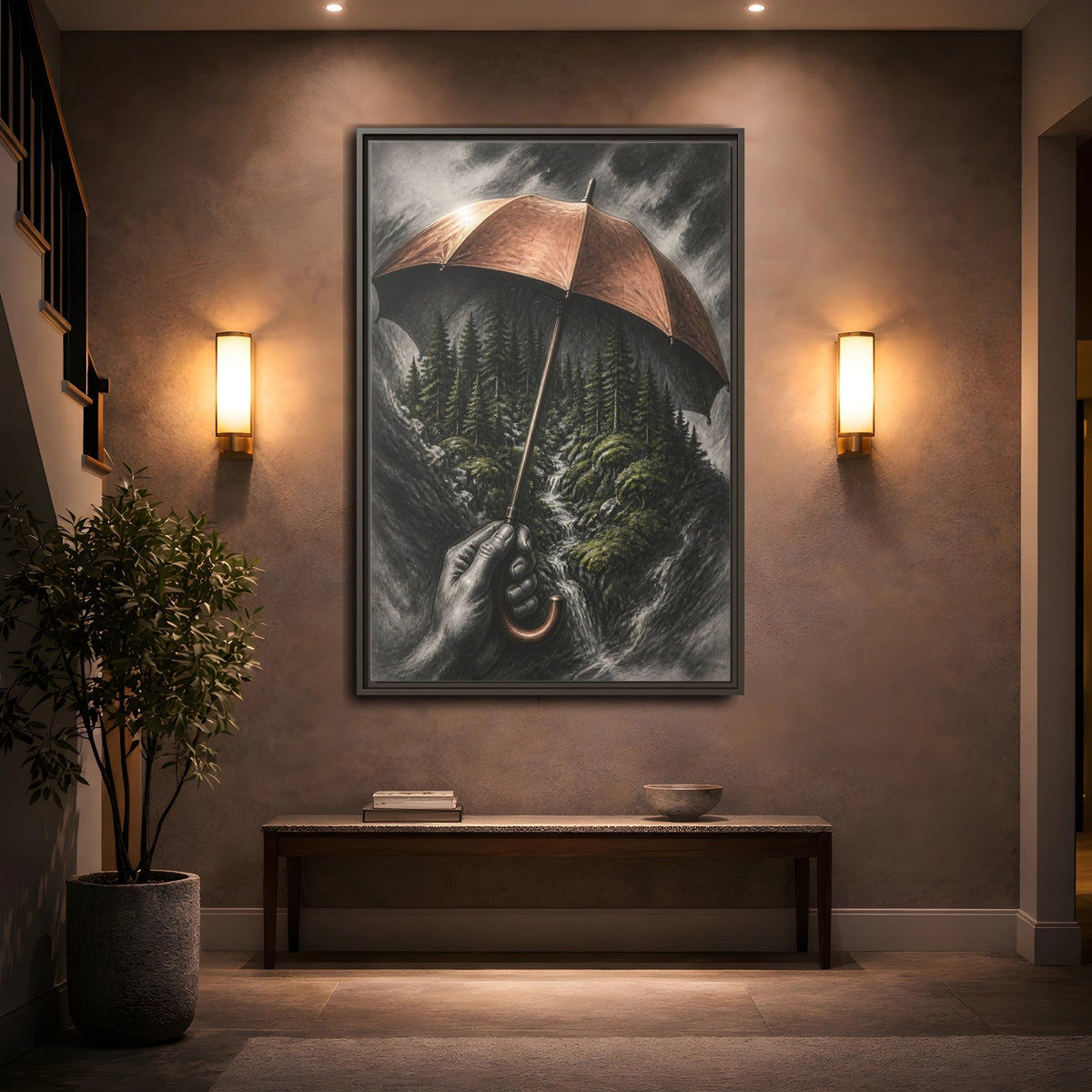 Mockup 2. Umbrella Forest Illusion shown as framed canvas print