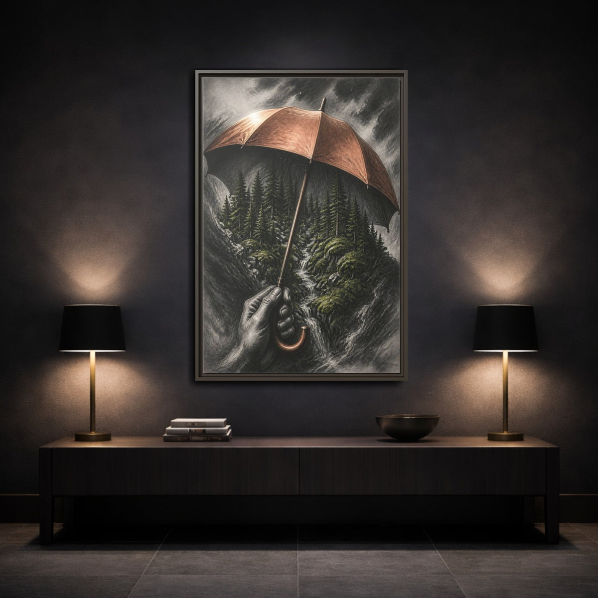 Mockup 3. Umbrella Forest Illusion shown as framed canvas print
