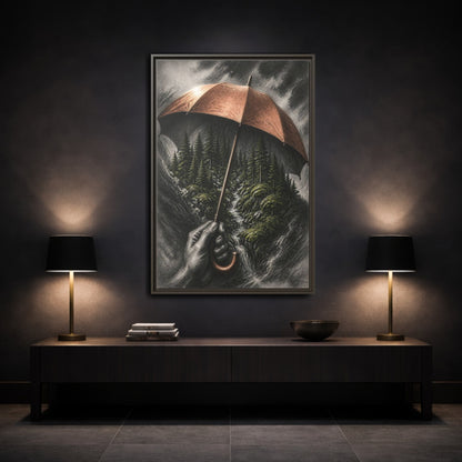 Mockup 3. Umbrella Forest Illusion shown as framed canvas print