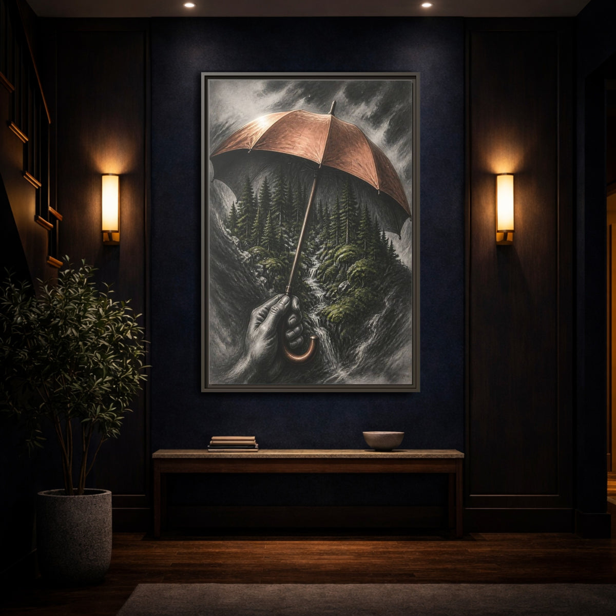 Mockup 4. Umbrella Forest Illusion shown as framed canvas print