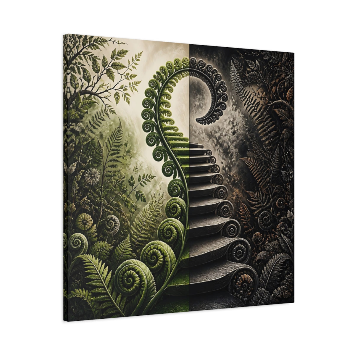 Main Mockup. Unfurling Fern Staircase shown as canvas print
