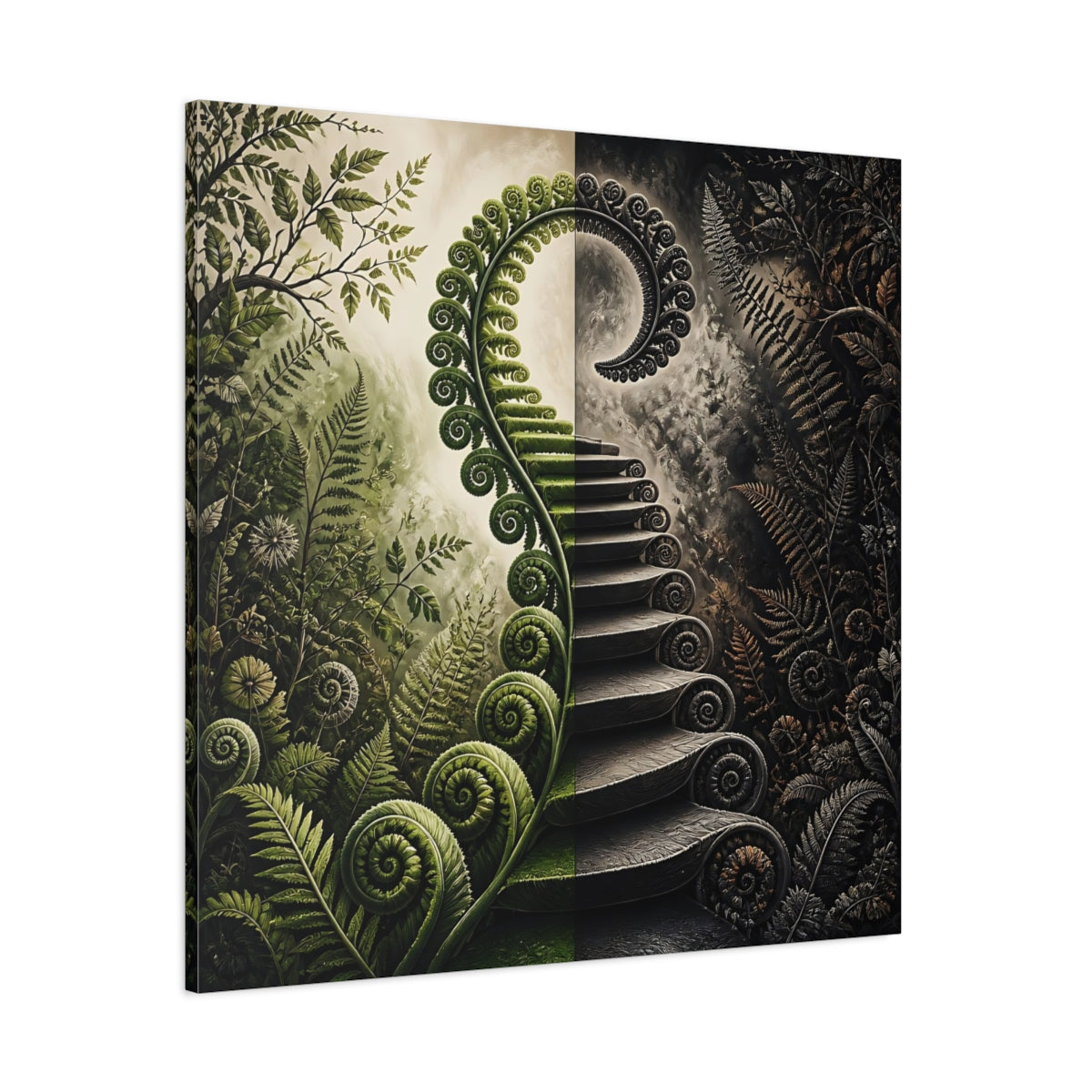Side Mockup 1. Unfurling Fern Staircase shown as canvas print