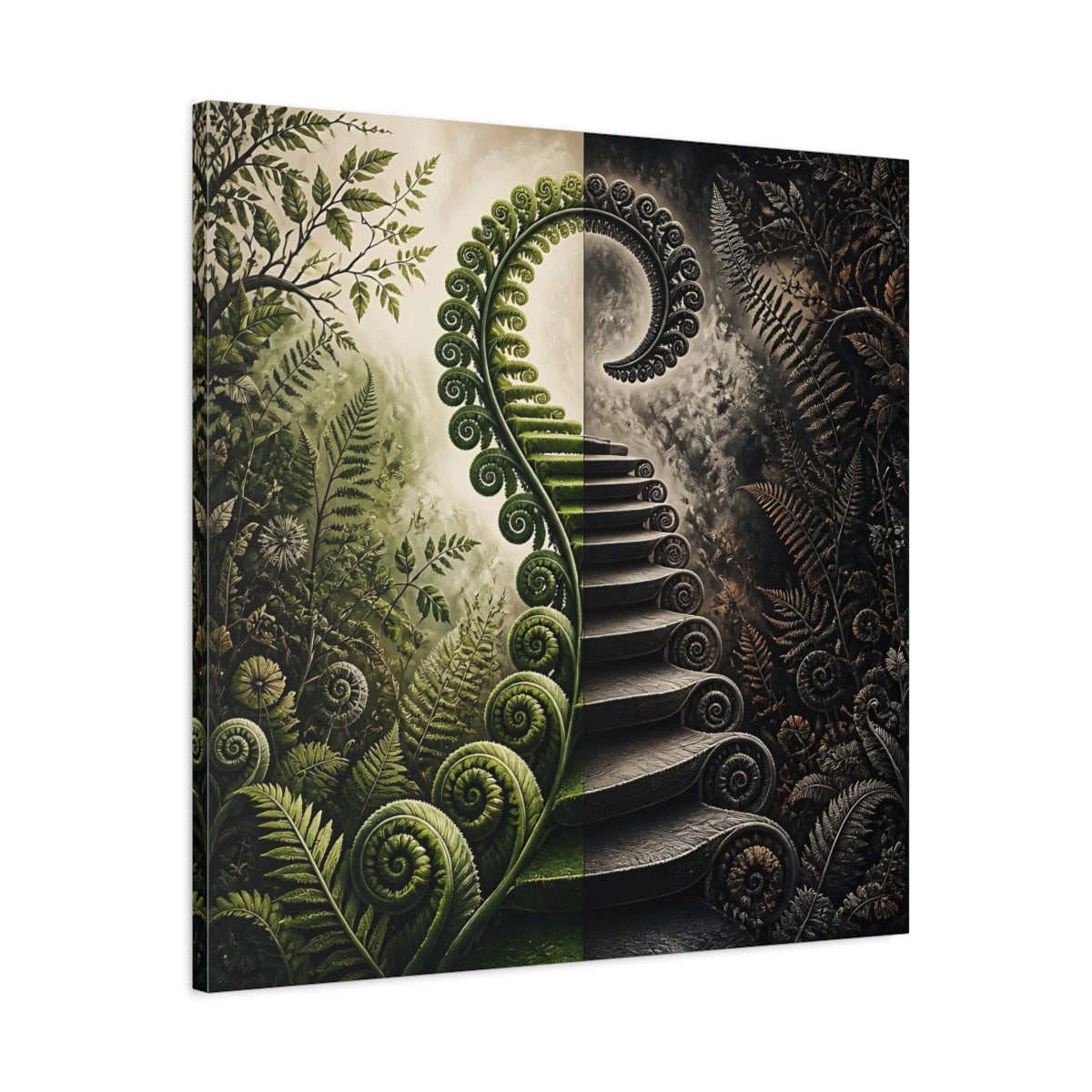 Side Mockup 3. Unfurling Fern Staircase shown as canvas print