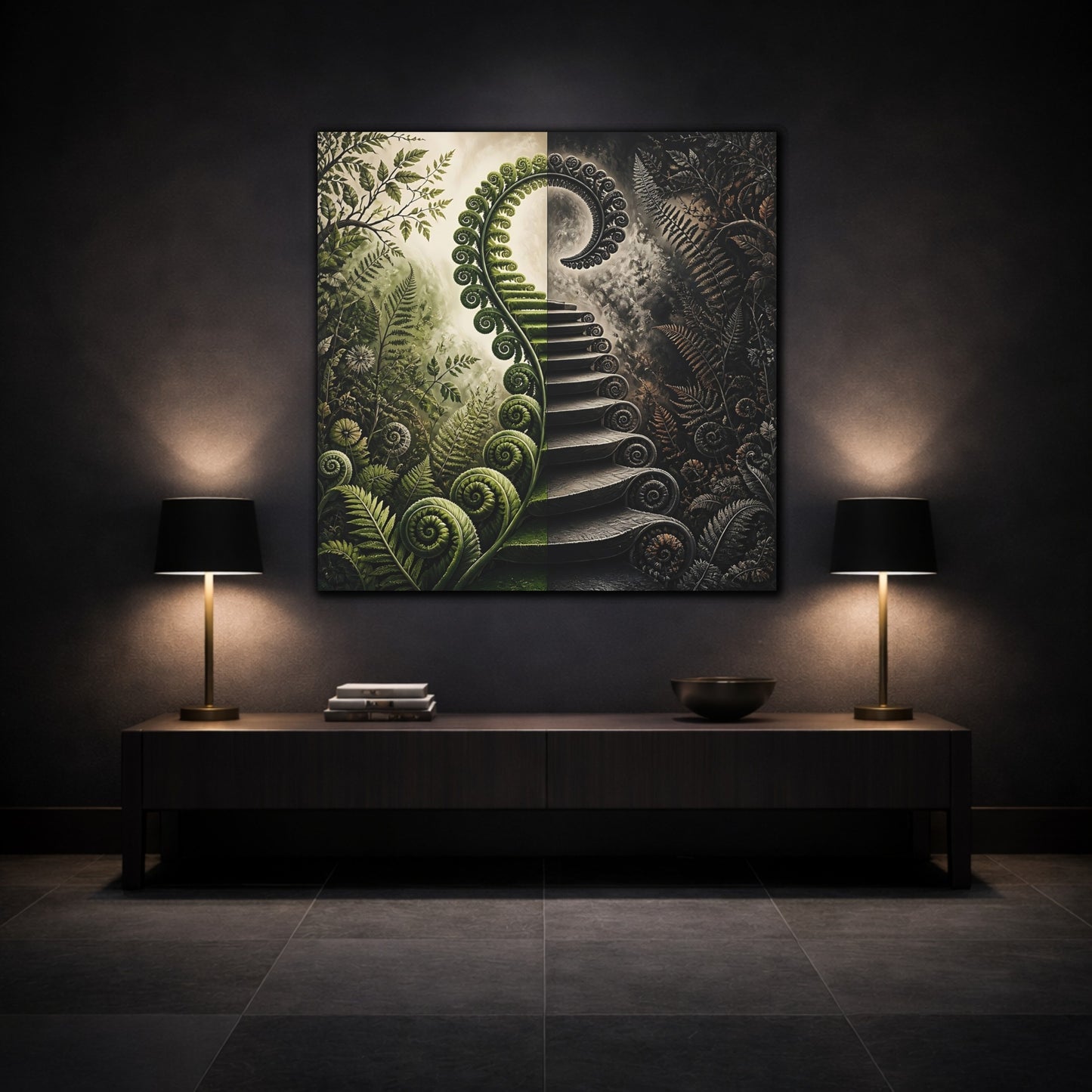 Mockup 3. Unfurling Fern Staircase shown as canvas print