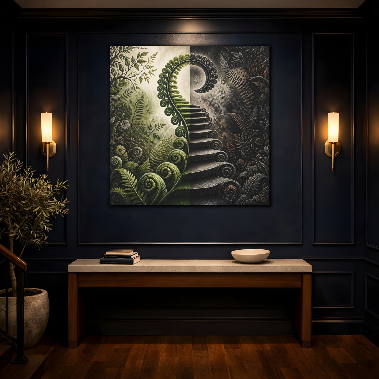Mockup 4. Unfurling Fern Staircase shown as canvas print