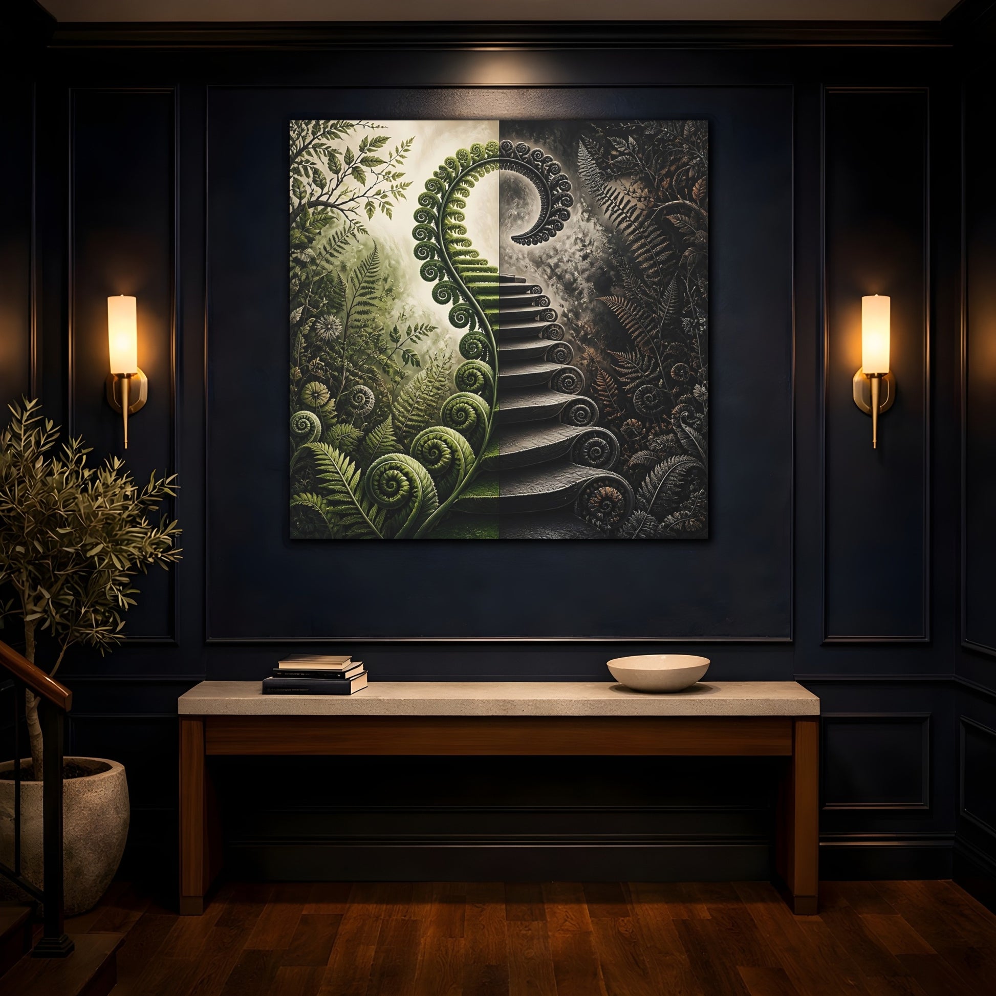 Mockup 4. Unfurling Fern Staircase shown as canvas print