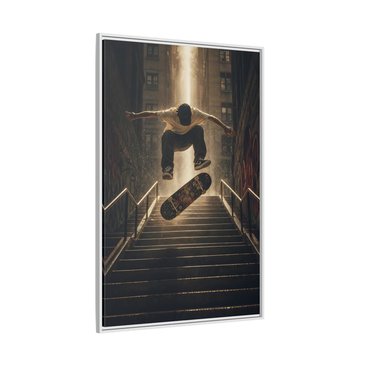 Side Mockup 7. Urban Skateboard Leap shown as framed canvas print