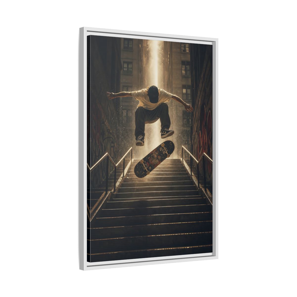 Side Mockup 10. Urban Skateboard Leap shown as framed canvas print
