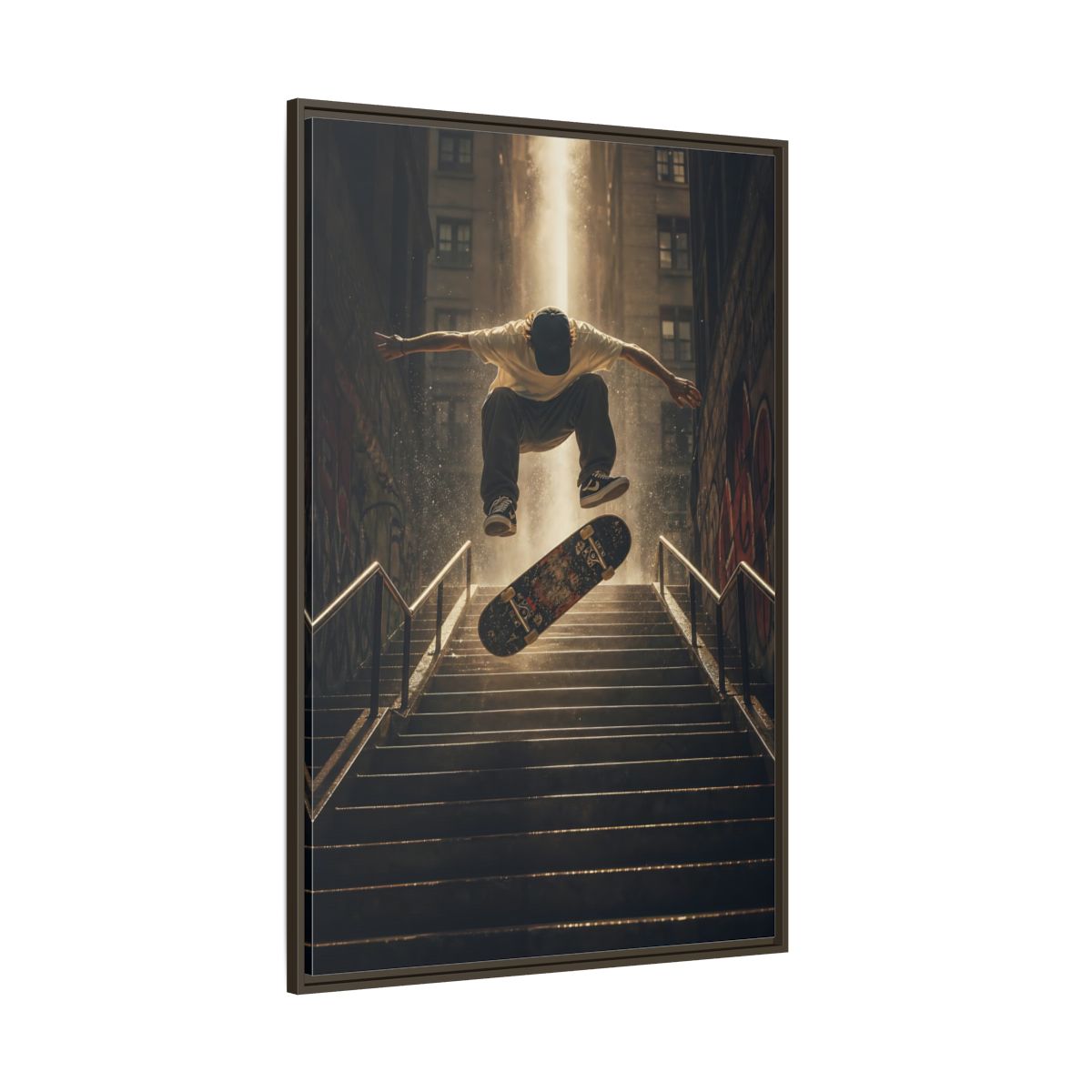 Side Mockup 8. Urban Skateboard Leap shown as framed canvas print