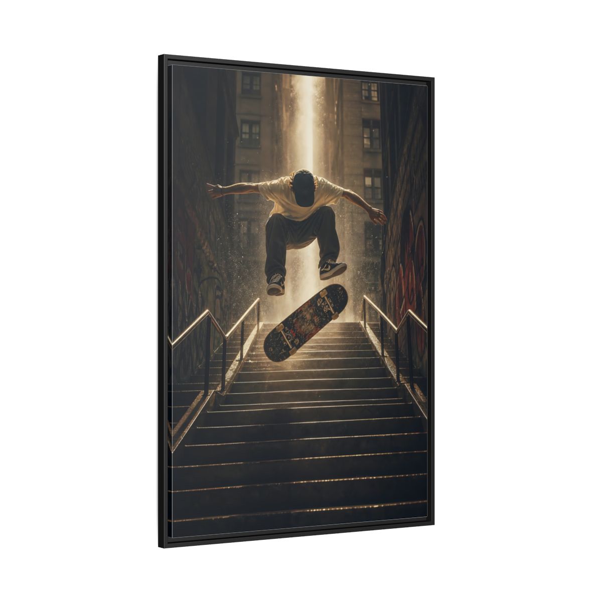 Side Mockup 12. Urban Skateboard Leap shown as framed canvas print