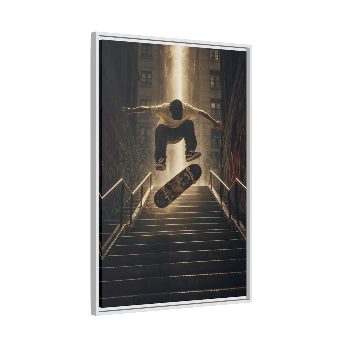 Side Mockup 9. Urban Skateboard Leap shown as framed canvas print