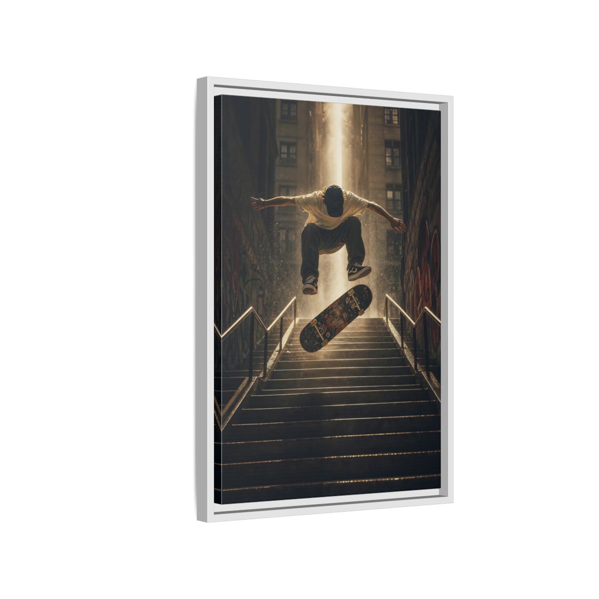 Side Mockup 1. Urban Skateboard Leap shown as framed canvas print