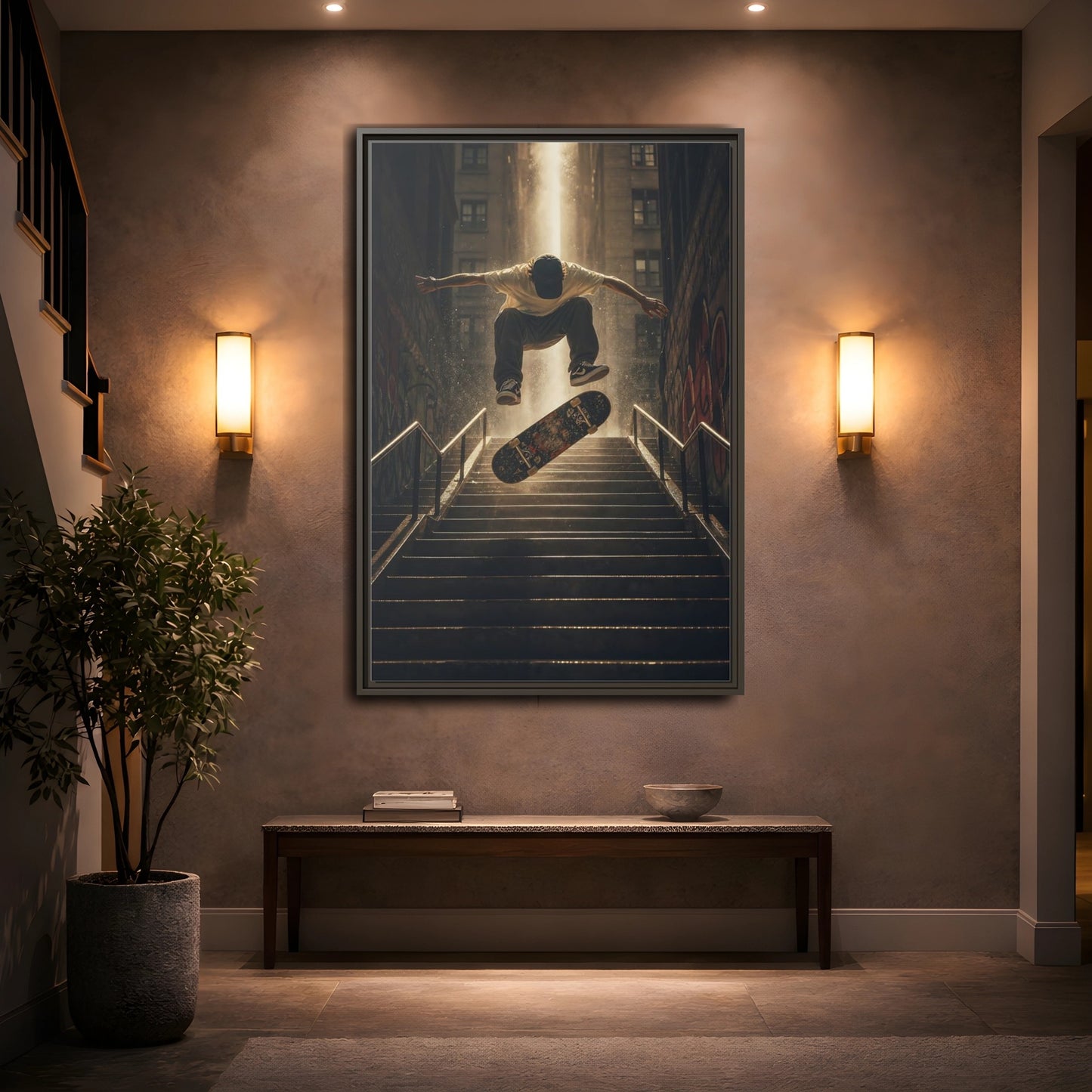 Mockup 2. Urban Skateboard Leap shown as framed canvas print