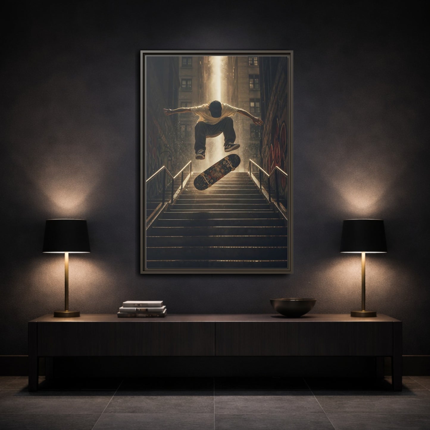 Mockup 3. Urban Skateboard Leap shown as framed canvas print