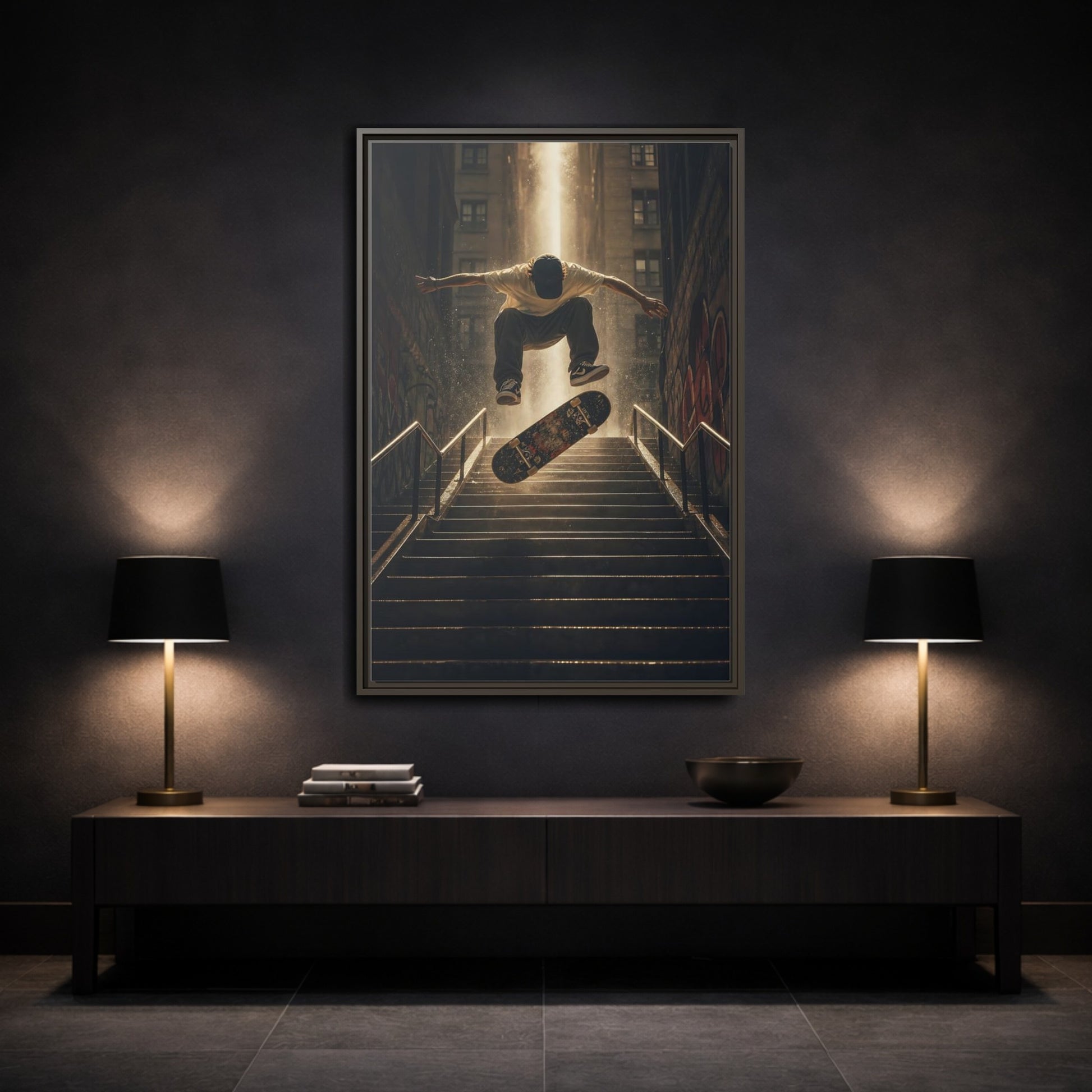 Mockup 3. Urban Skateboard Leap shown as framed canvas print