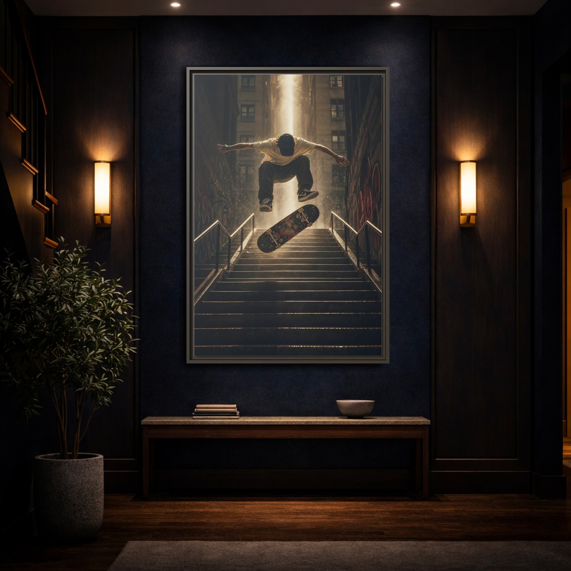 Mockup 4. Urban Skateboard Leap shown as framed canvas print