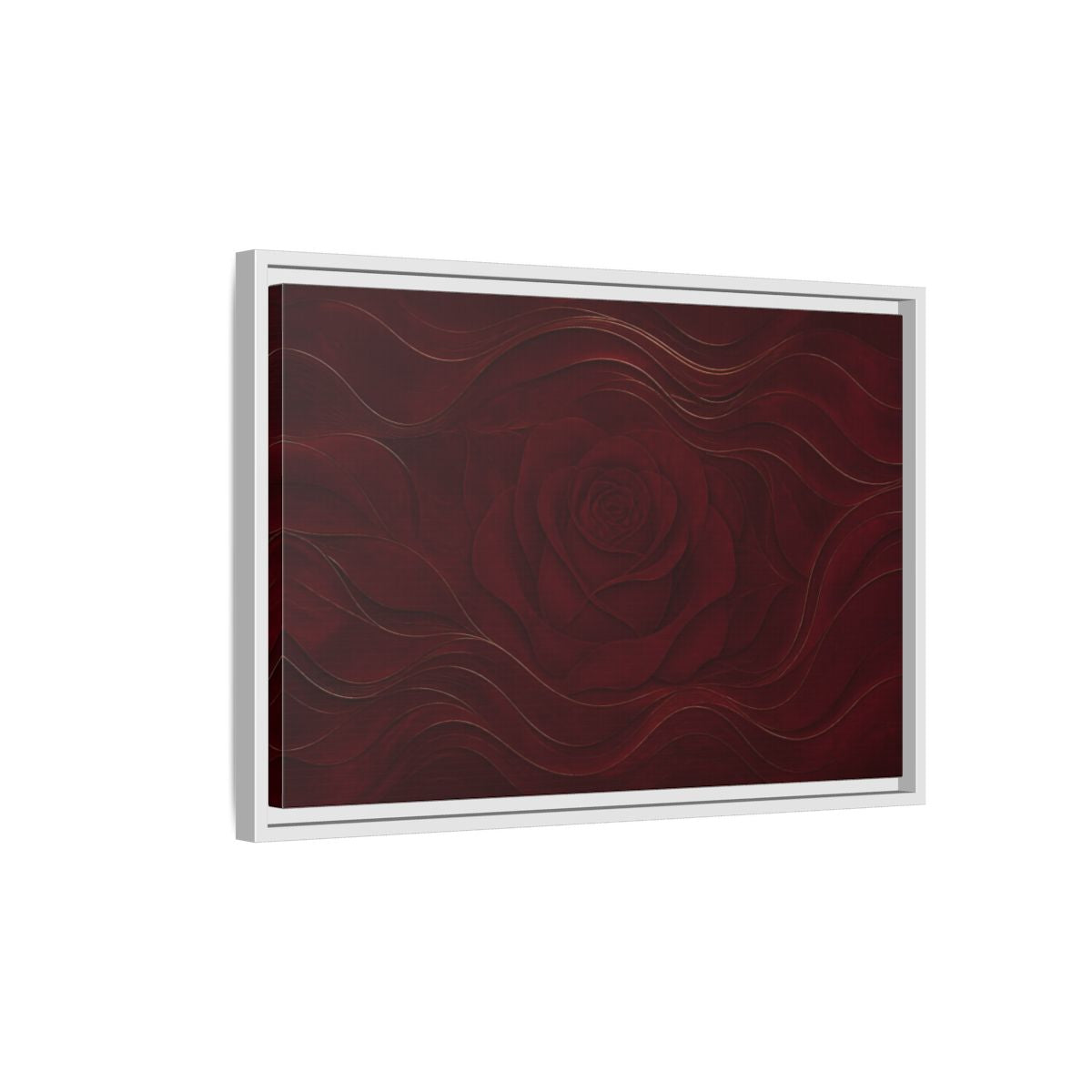 Side Mockup 1. Velvet Rose In Burgundy shown as framed canvas print