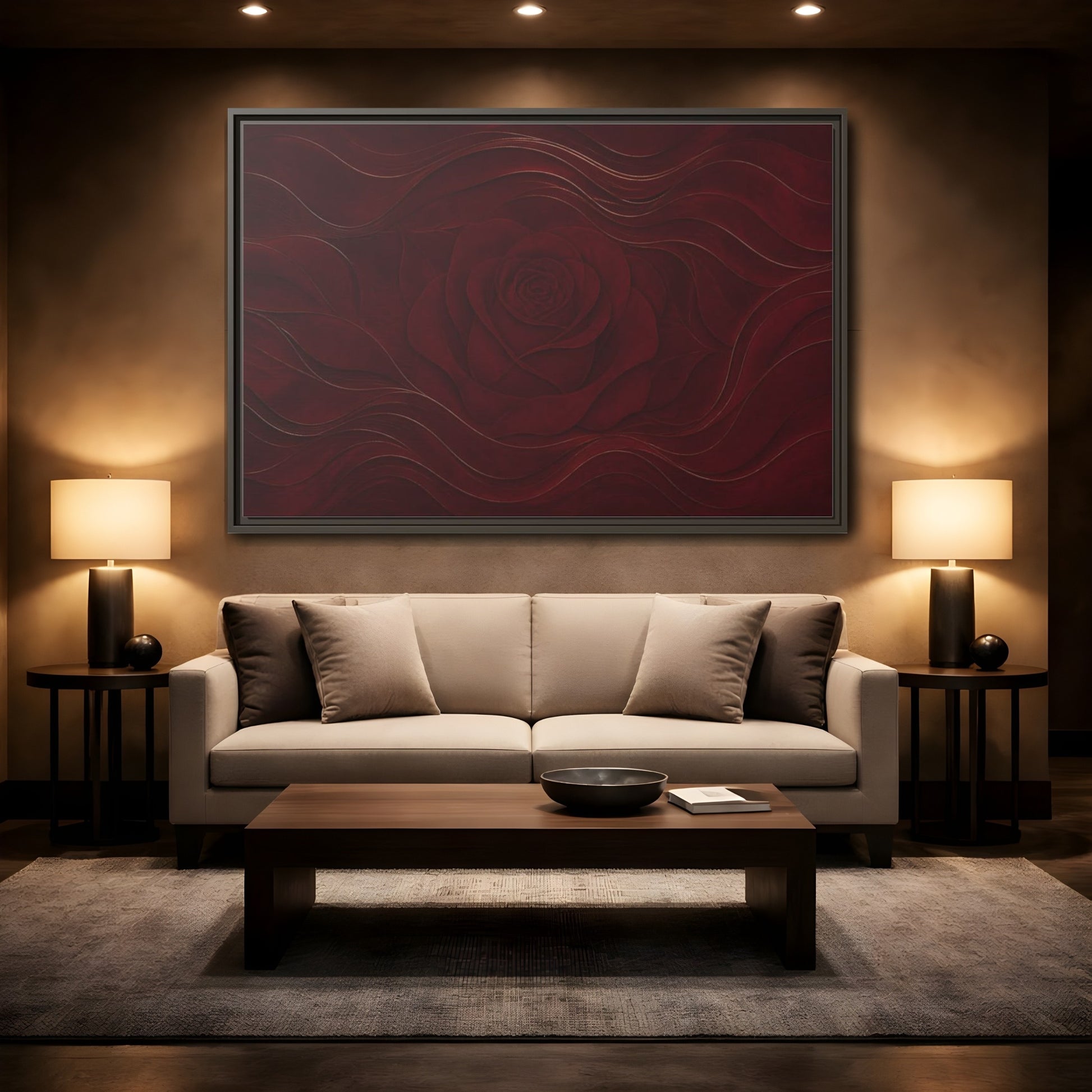 Mockup 2. Velvet Rose In Burgundy shown as framed canvas print
