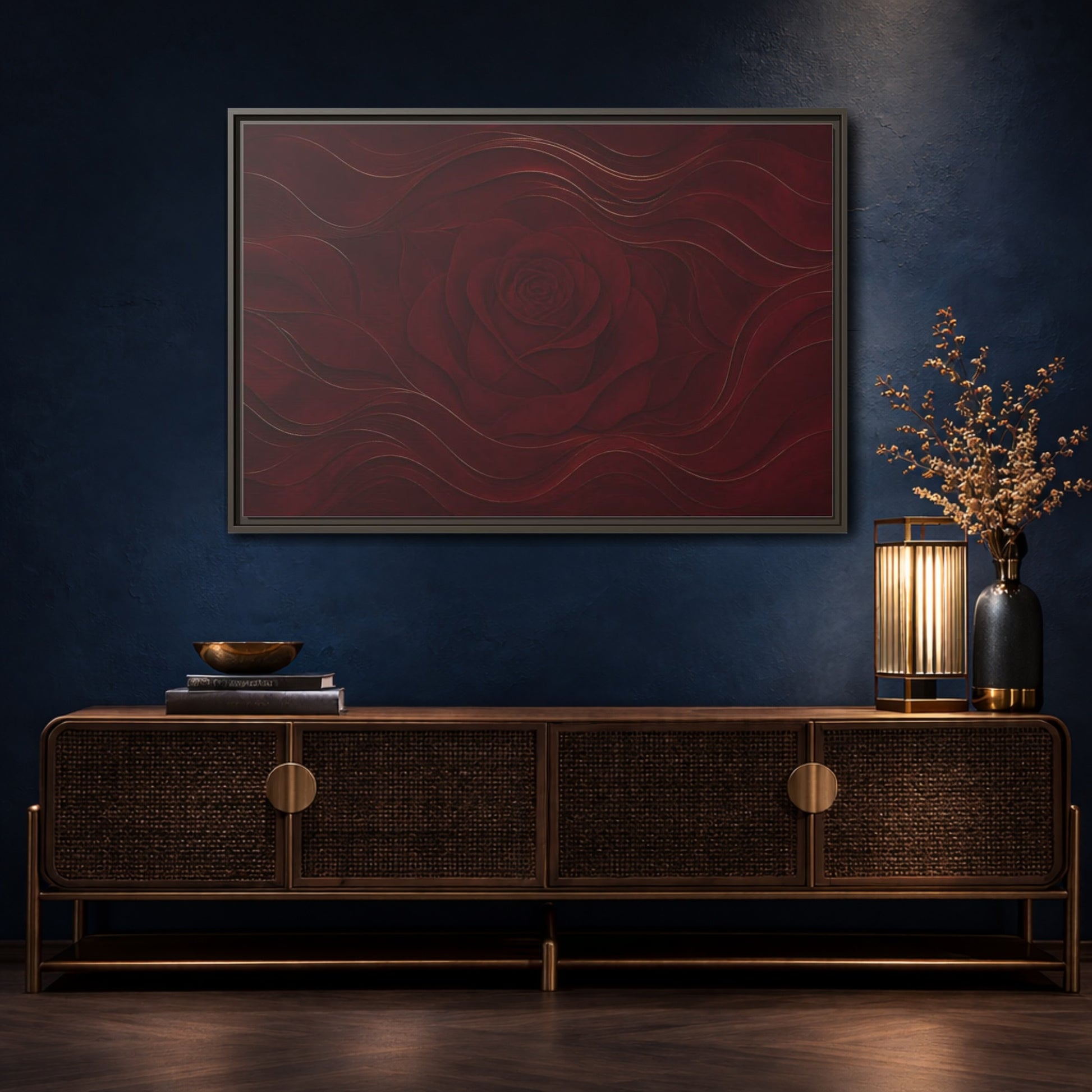 Mockup 4. Velvet Rose In Burgundy shown as framed canvas print