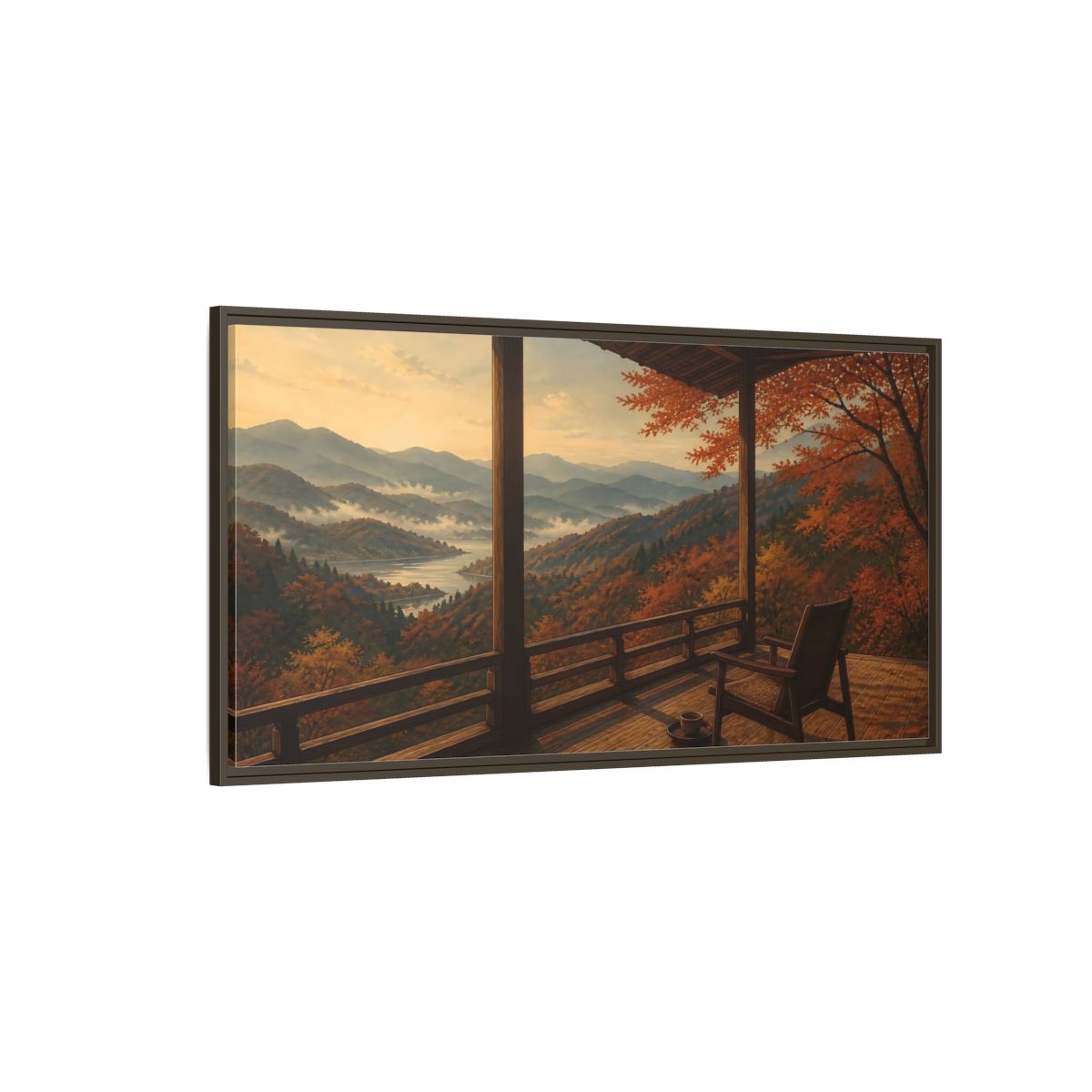 Side Mockup 4. Veranda Over Autumn Hills shown as framed canvas print